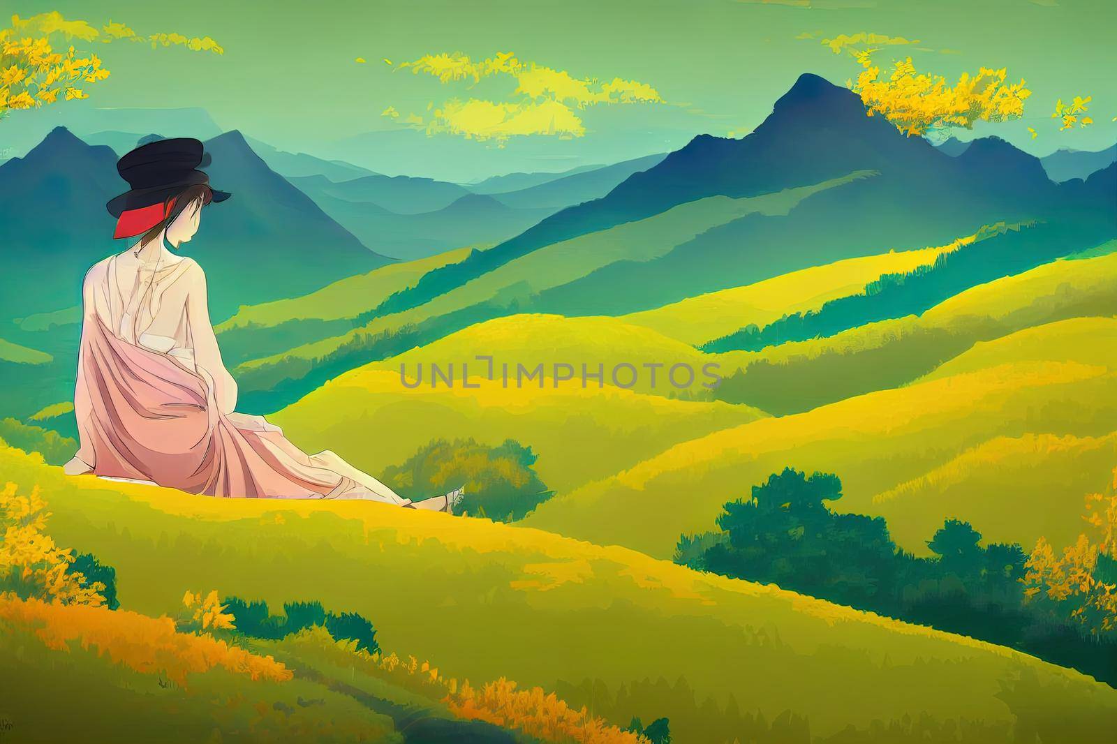 A young woman in a hat sitting on a blanket against the background of green and yellow mountains and hills Autumn landscape A girl nature lover enjoying a calmness of a rural scenery