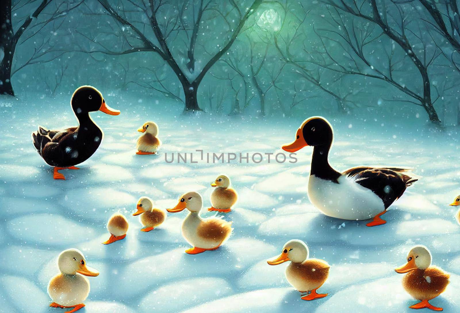 Ducks in the snow during wintering. Ducks in winter. High quality 2d illustration. by 2ragon