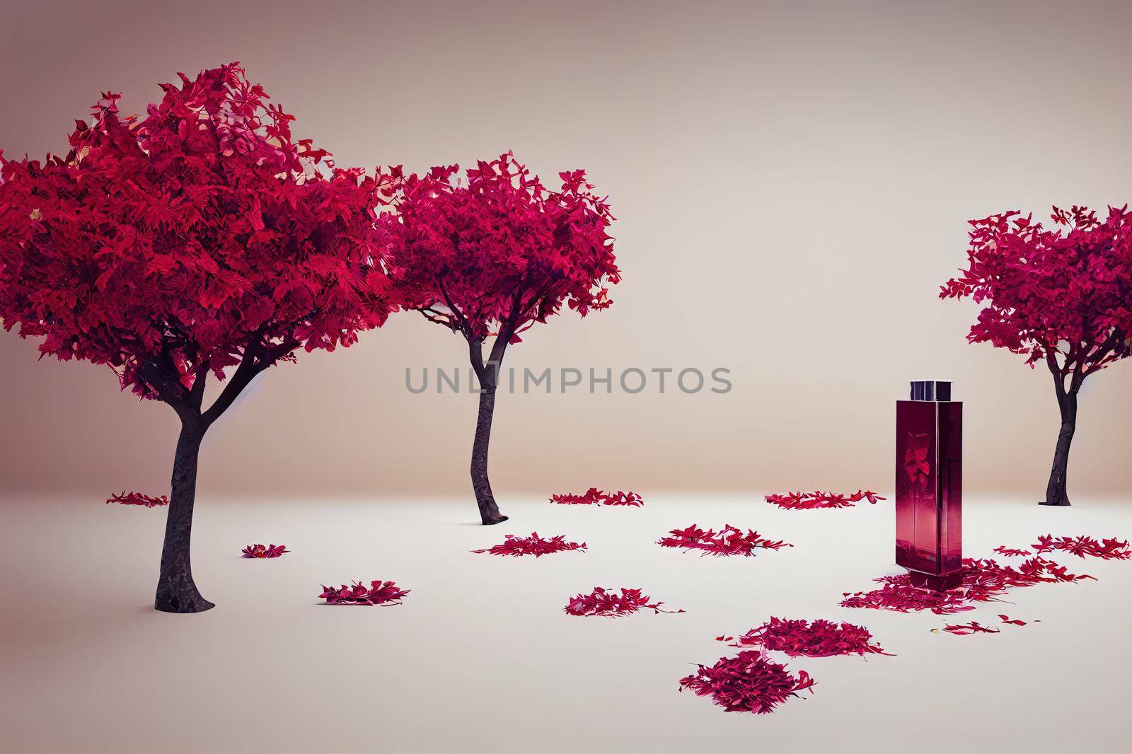 Empty glass exhibition stand platform showcase for products Podium platform for cosmetics advertising business 3D render Autumn natural background with branches flowers and leaves