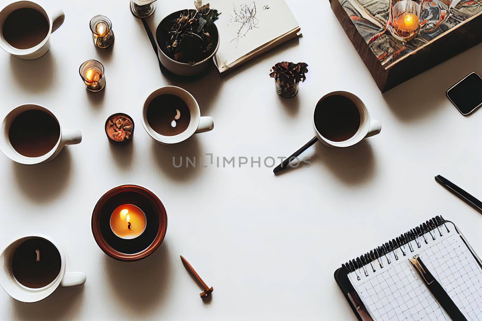 Cozy home desk table with plaid, coffee cup, candle on white background. Top view, flat lay, copy space. Autumn composition. Nordic hygge style concept.