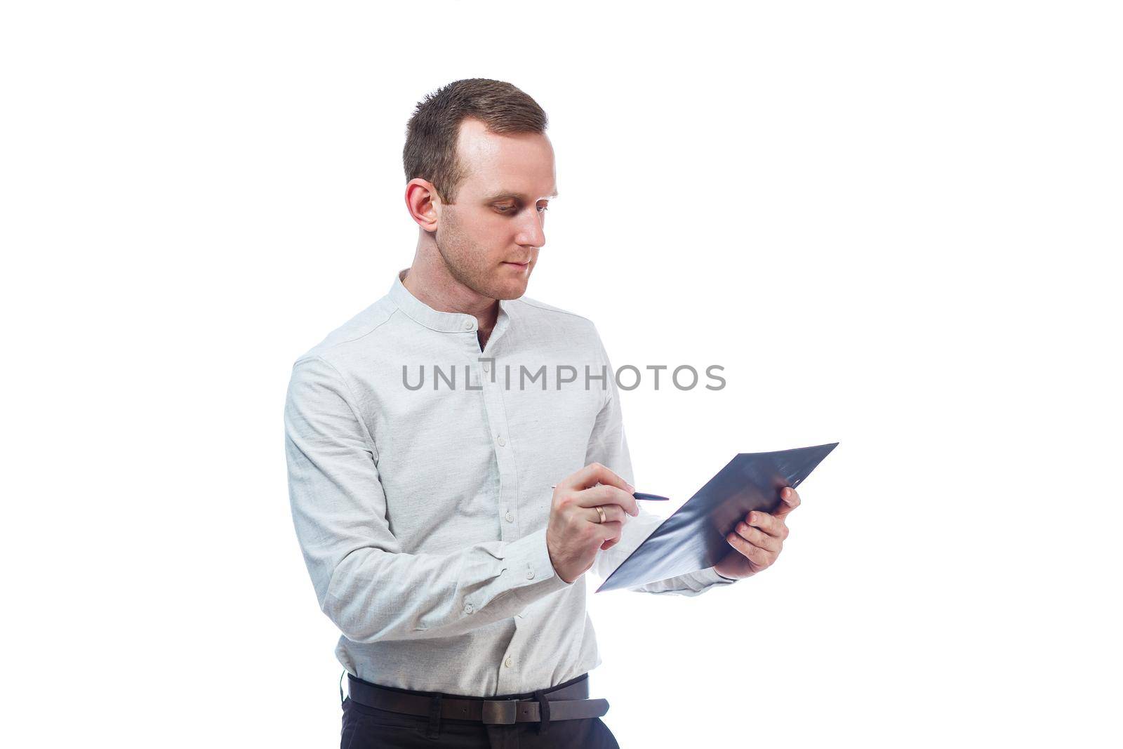 man businessman, a teacher, a mentor, study and sign documents a new Business Projects. Isolated on white background