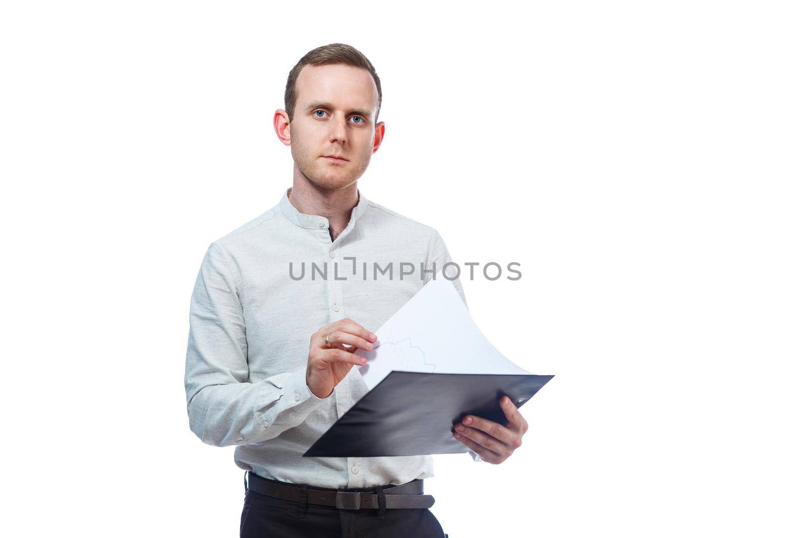 man businessman, a teacher, a mentor, study and sign documents a new Business Projects. Isolated on white background by Dmitrytph