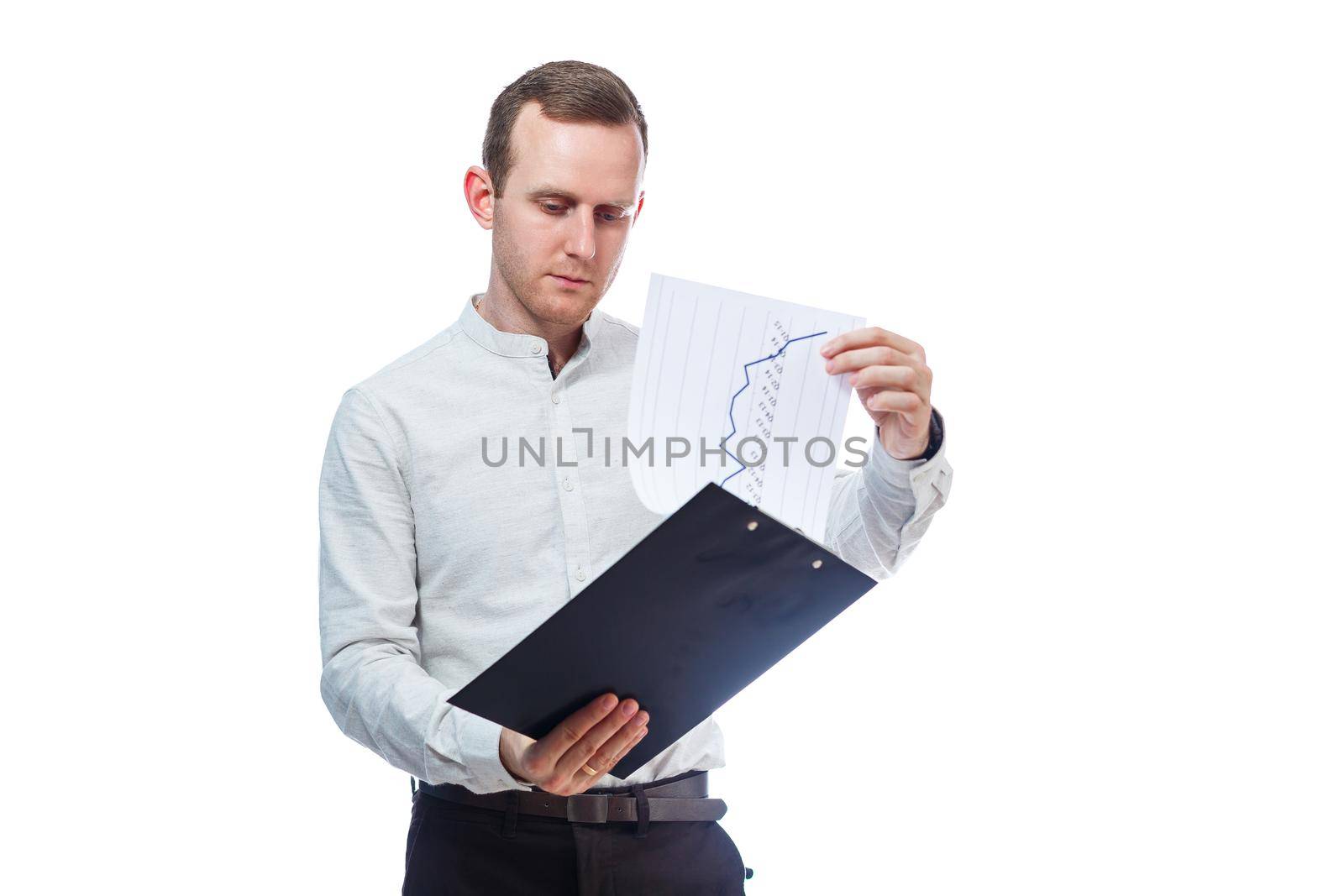 man businessman, a teacher, a mentor, study and sign documents a new Business Projects. Isolated on white background