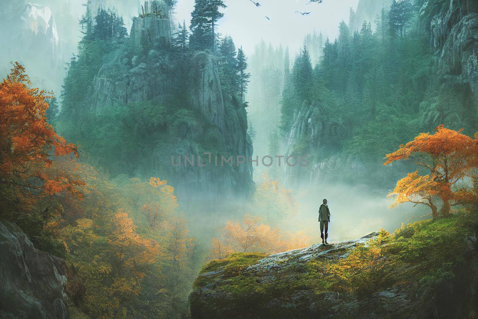 Intrepid traveler stands on cliff overlooking light autumn forest and  majestic light blue mountain range. 3D Render digital art.