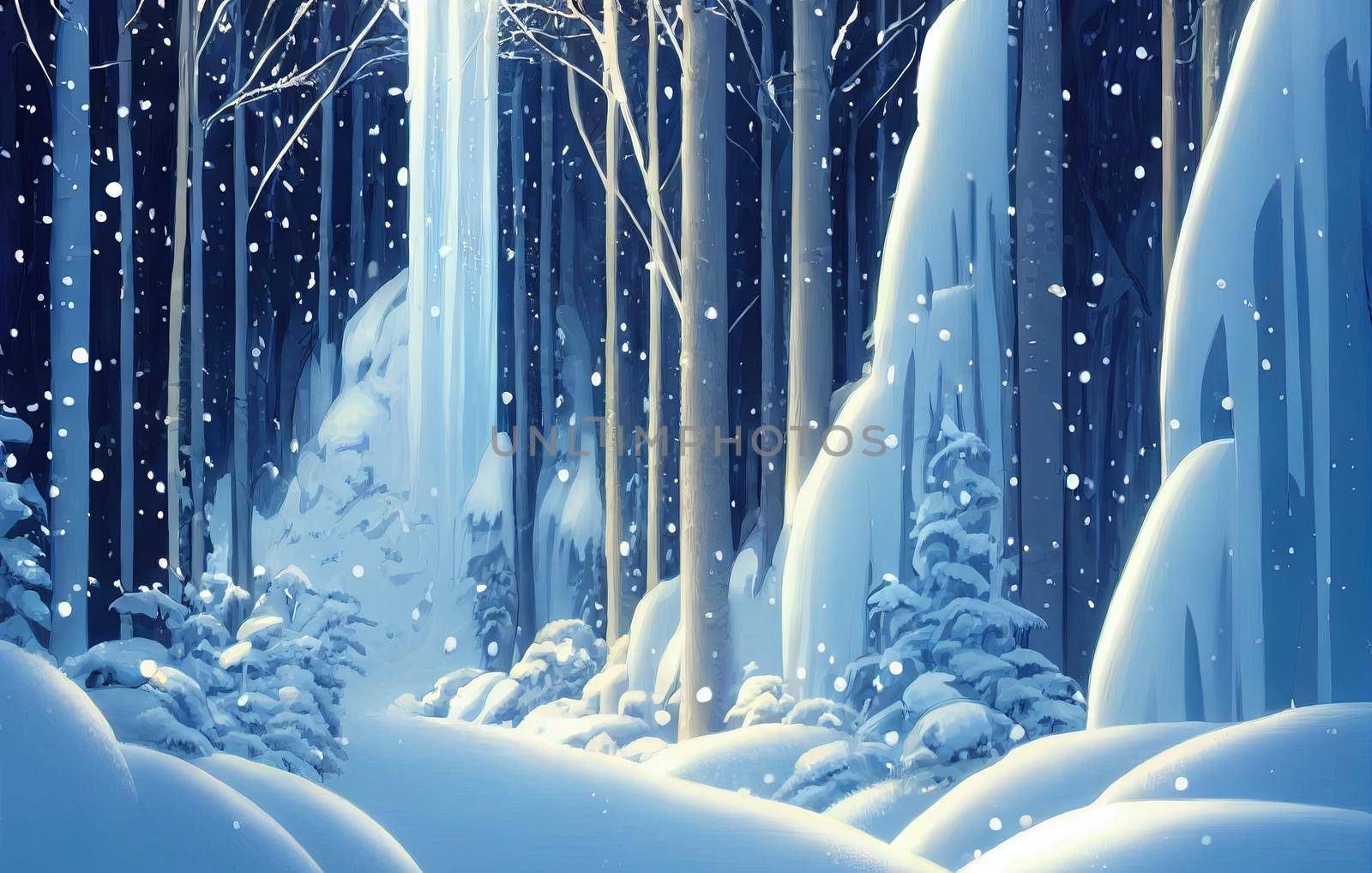 Waterfall in the winter forest. Snowy winter forest waterfall. High quality 2d illustration. by 2ragon