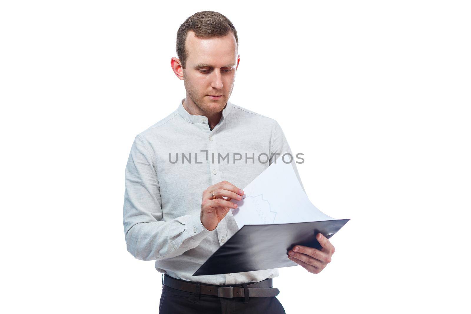 man businessman, a teacher, a mentor, study and sign documents a new Business Projects. Isolated on white background