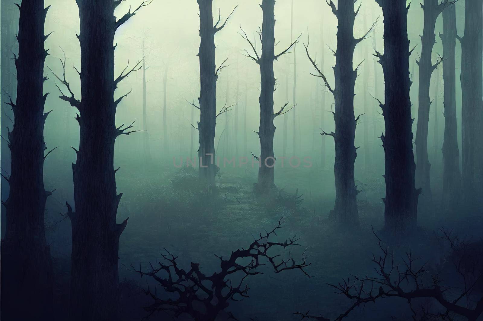 Gloomy, spooky, foggy dark forest landscape. Horror forest background. Surreal mysterious twilight atmospheric woods backdrop. 3D illustration.