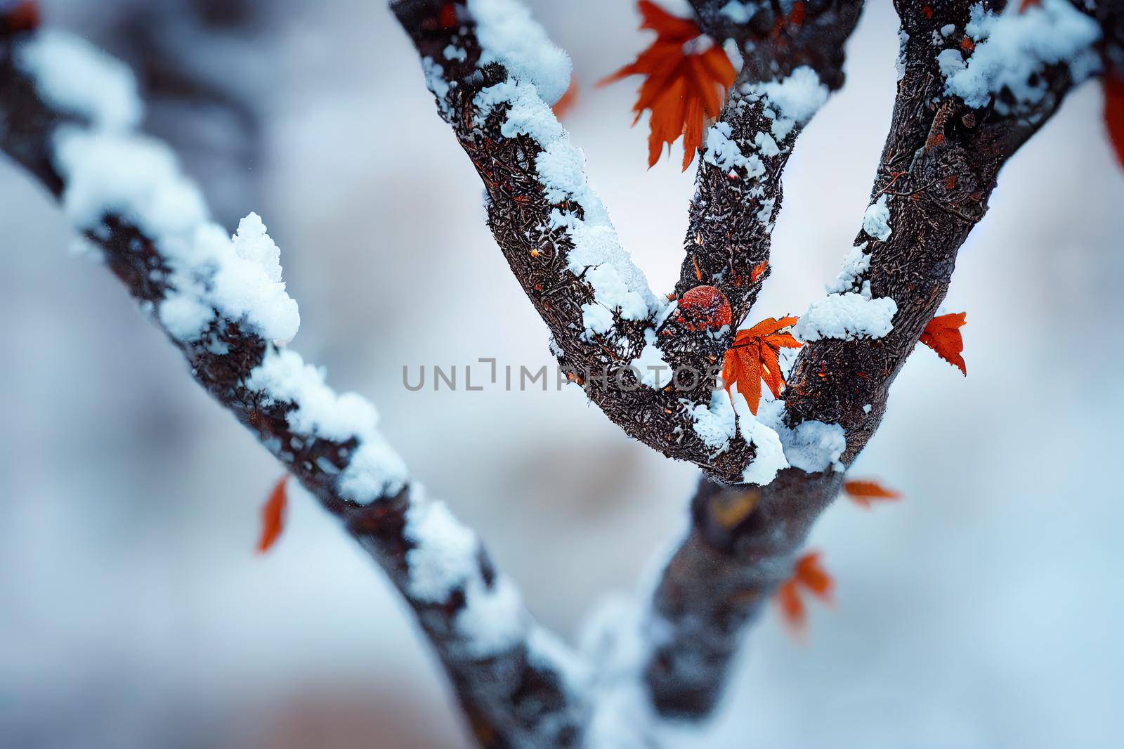 Snow covered alder tree (Alnus glutinosa) branch against defocused background. Selective focus and shallow depth of field.