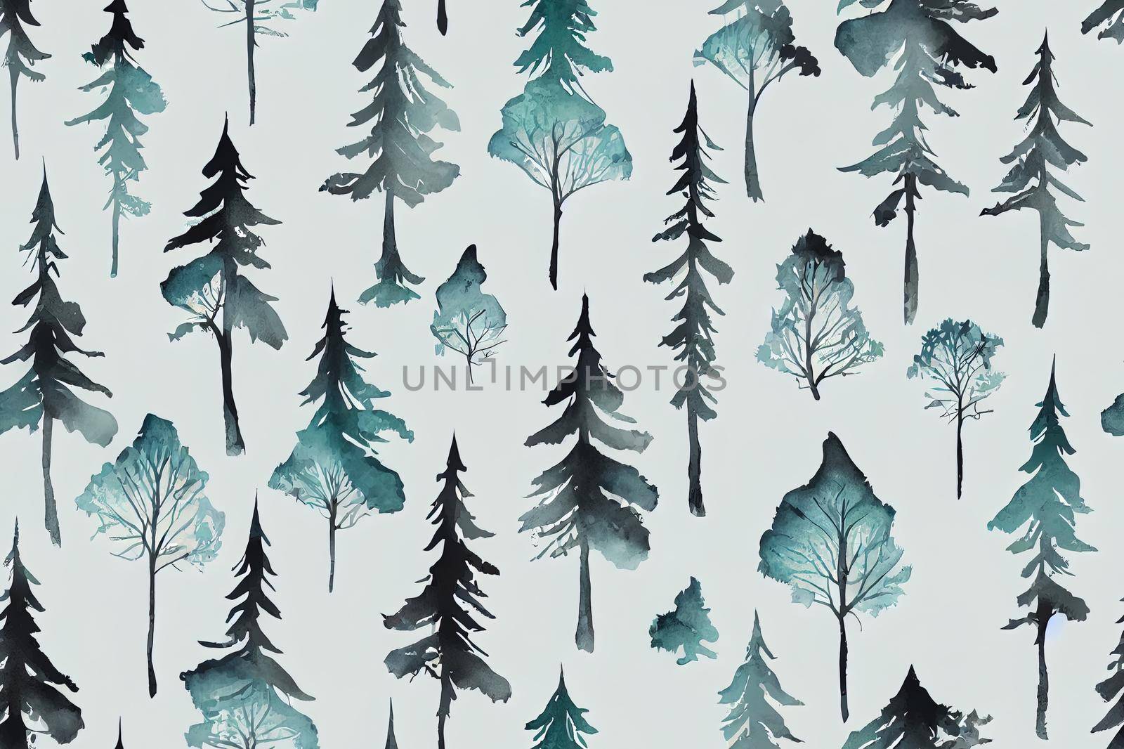 Wild forest animals seamless pattern Watercolor image Hand drawn forest bear wolf rabbit badgerfir trees mountains Seamless pattern for fabric paper tixtile print White background