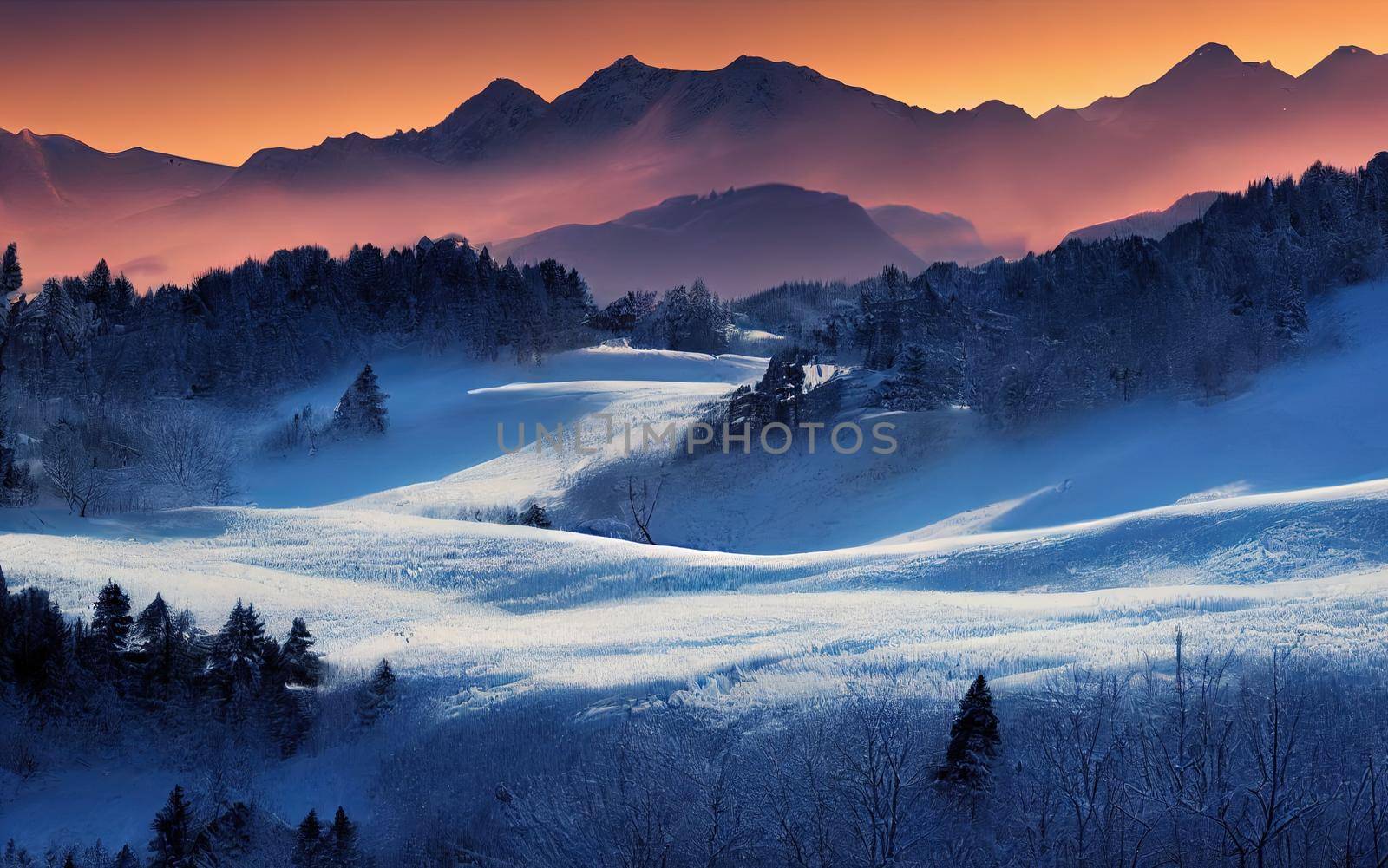 Alpine mountains landscape with white snow and blue sky. Sunset winter in nature. Frosty trees under warm sunlight. Wonderful wintry landscape