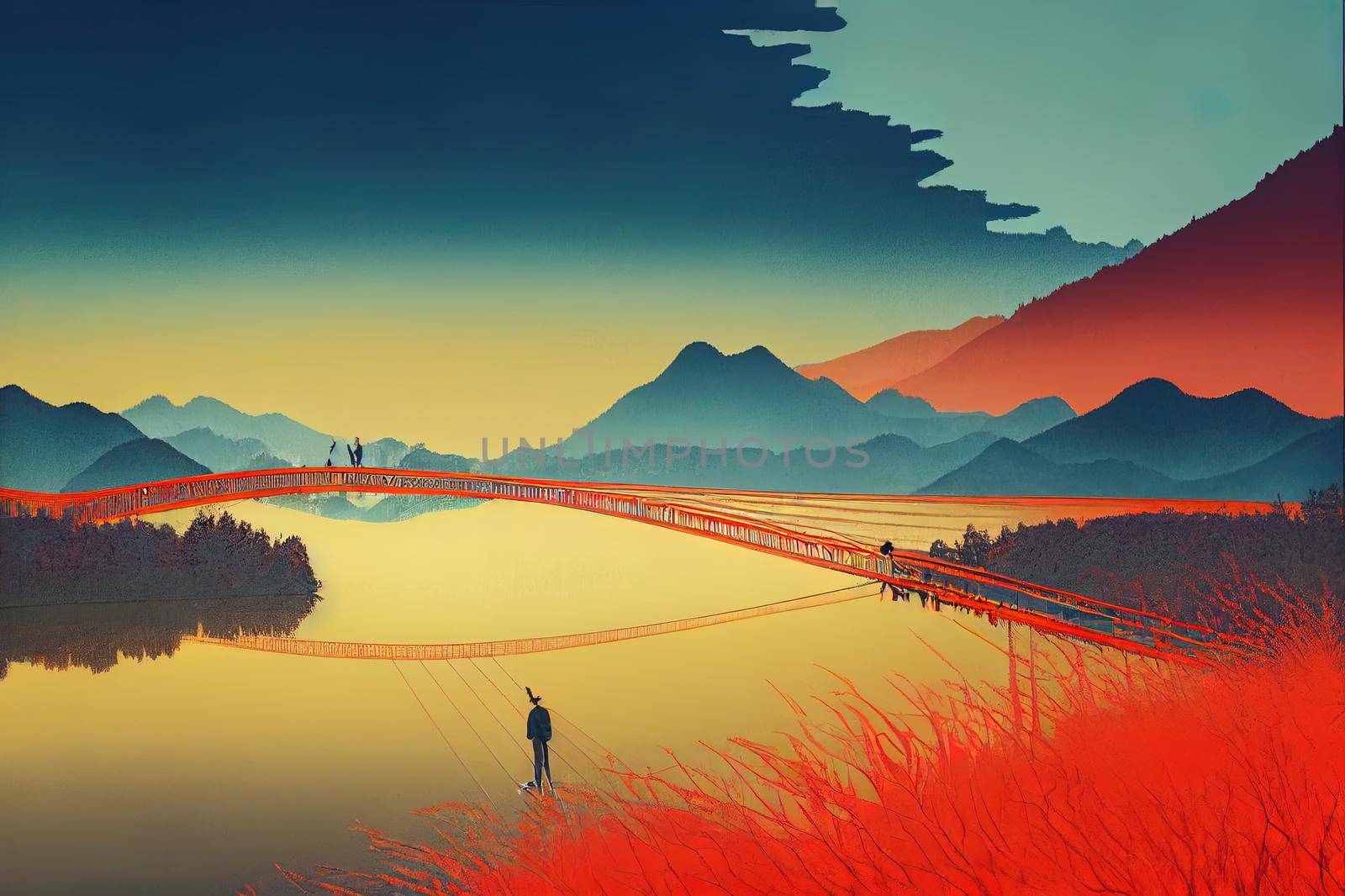 Aerial view of silhouette of walking man on the suspension bridge, river, mountains, red trees, green grass, orange sun at sunset in autumn. Colorful landscape with forest, lake, reflection in water