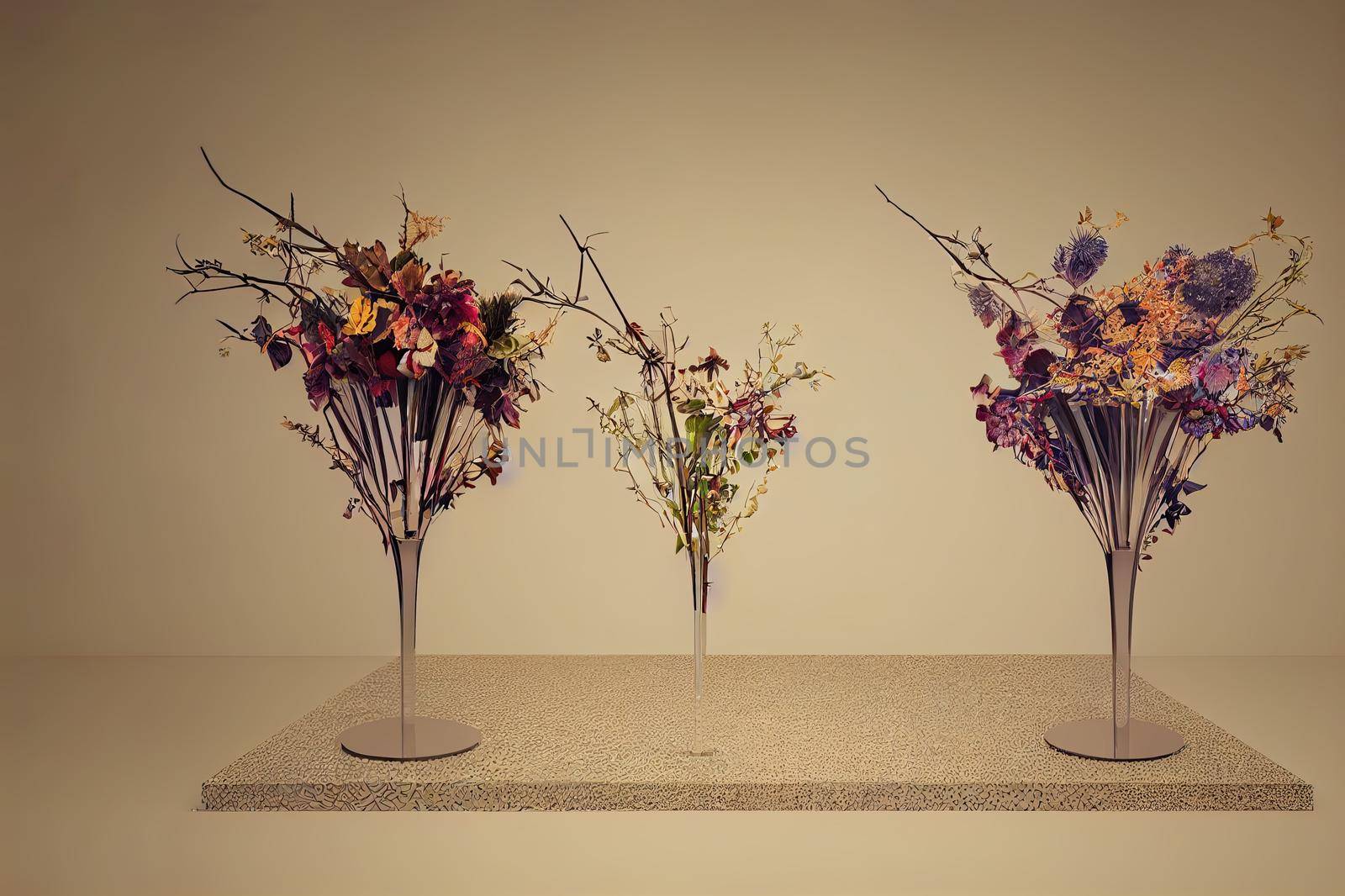 Empty glass exhibition stand platform showcase for products Podium platform for cosmetics advertising business 3D render Autumn natural background with branches flowers and leaves