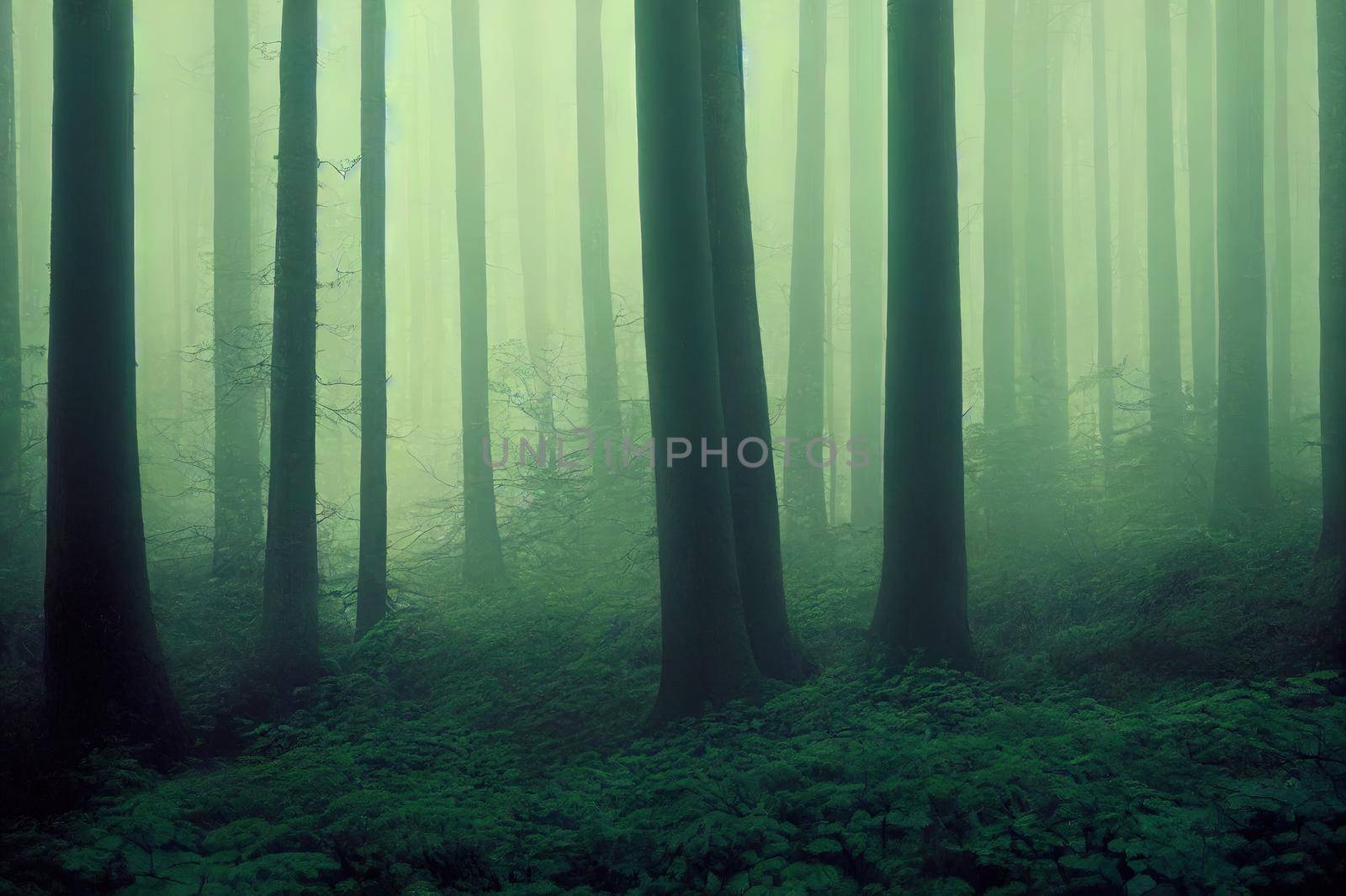 Panorama of the misty forest. Forest mist. Misty forest in fog. Deep forest in mist