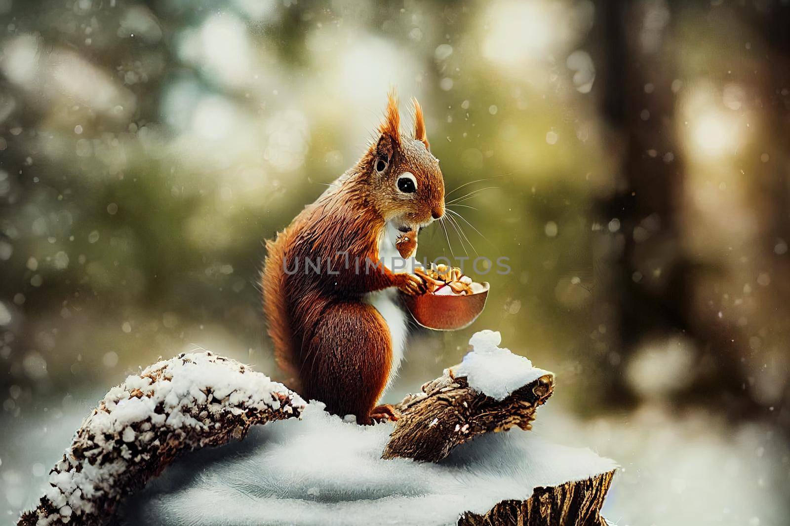 Cute red squirrel eats a nut in winter scene High quality 2d illustration. by 2ragon