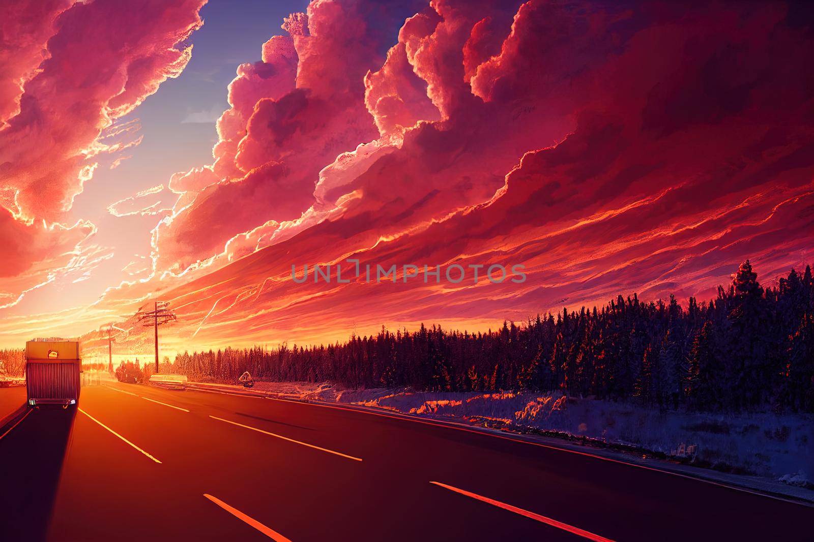 Cargo truck on a highway in winter landscape against High quality 2d illustration. by 2ragon