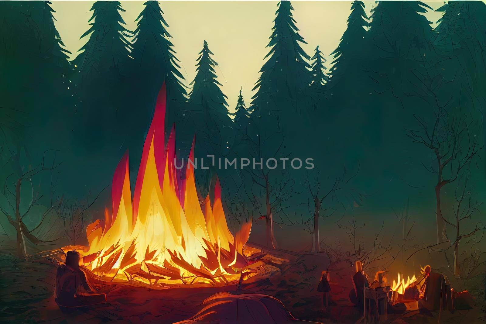 A beautiful campfire in the forest during the day. A high fire burns in a campsite by the river in beautiful nature.