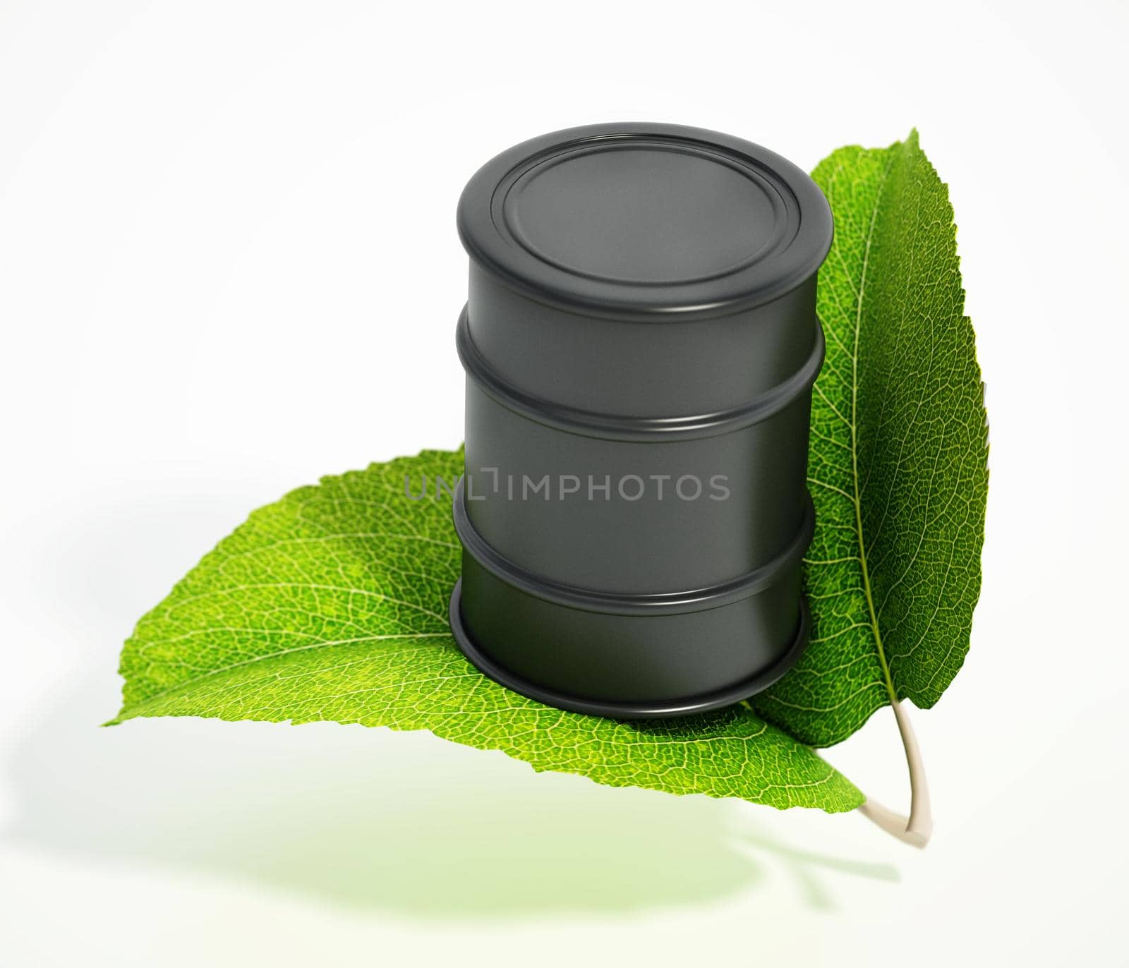 Green leaves and oil barrel isolated on white background. 3D illustration by Simsek