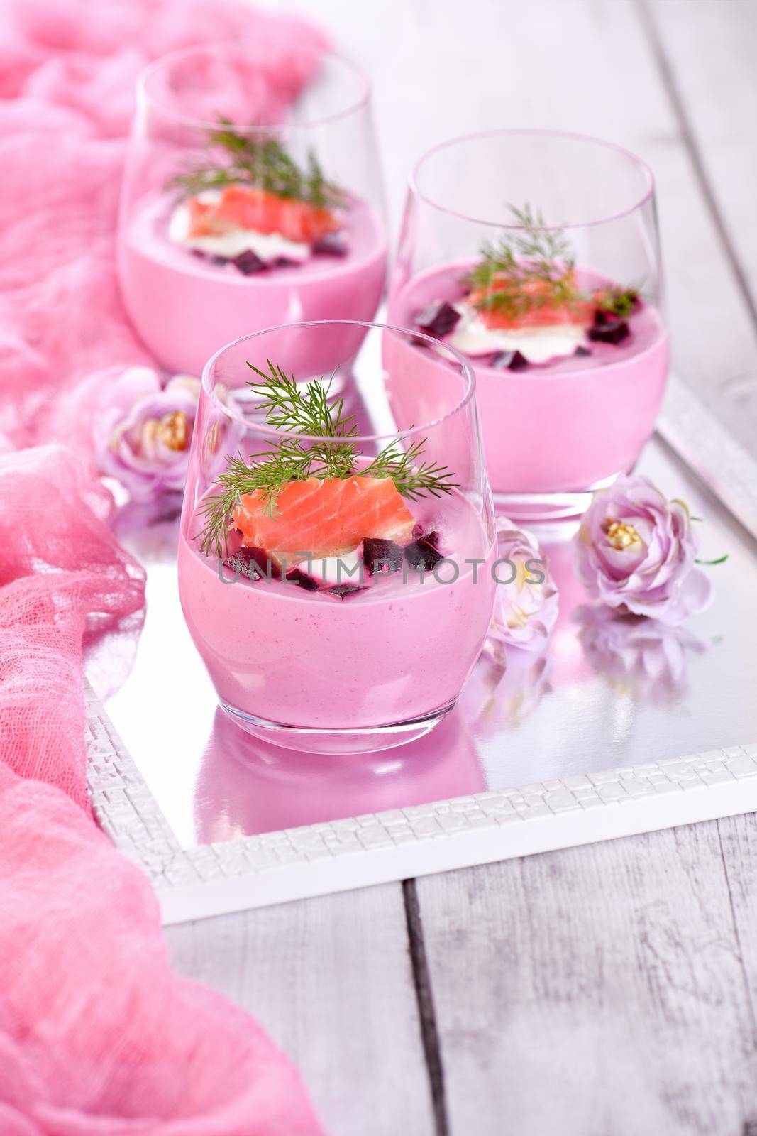 Salmon with beetroot mousse with the most delicate, soft texture combined with horseradish and cream cheese is a wonderful combination of taste. A delicious holiday appetizer.