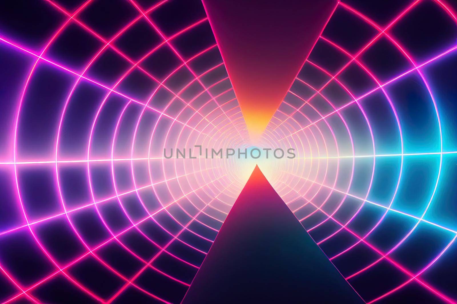 3d render, glowing lines, tunnel, neon lights, virtual reality, abstract background, square portal, arch, pink blue spectrum vibrant colors, laser show