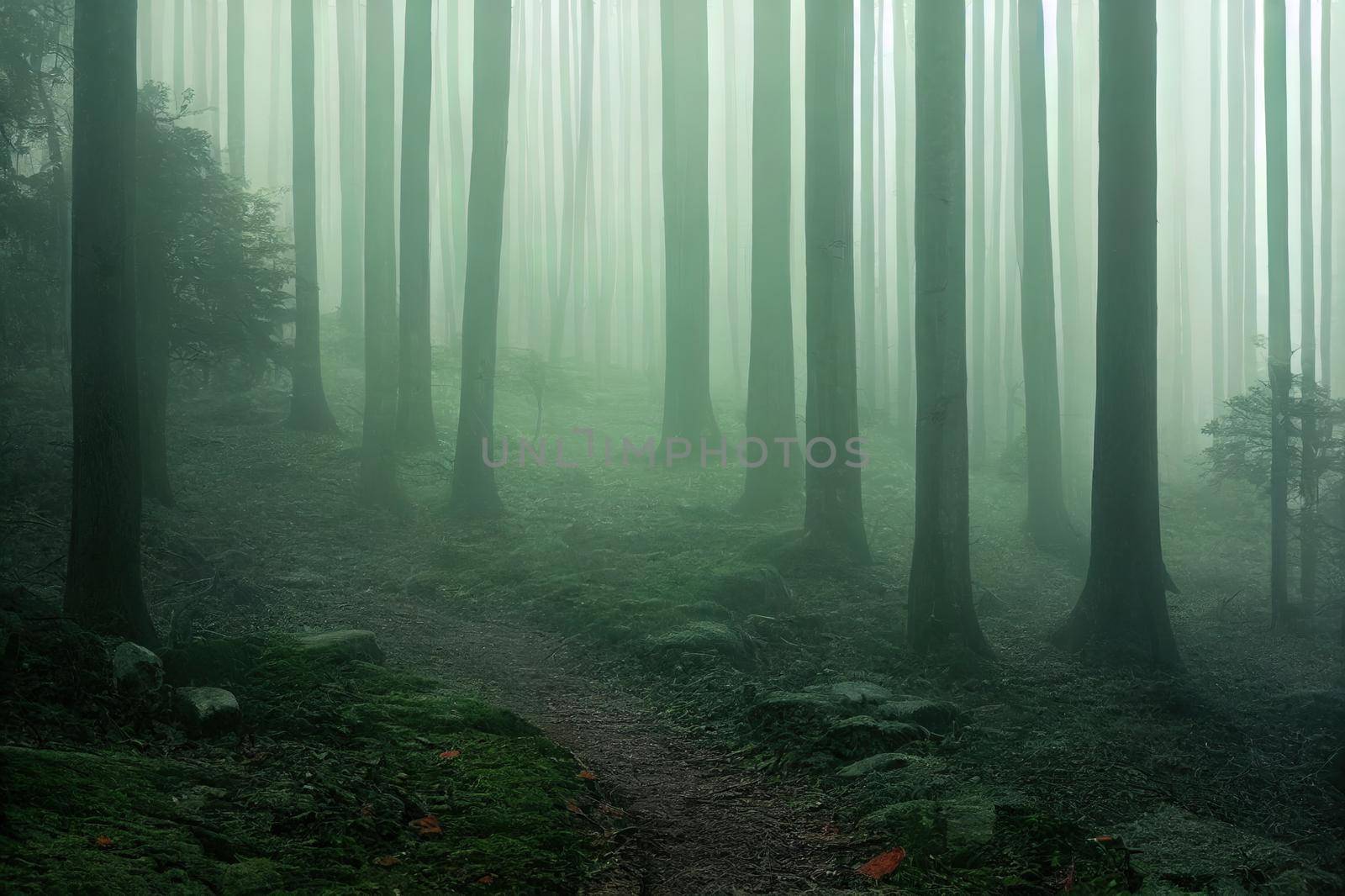 Misty morning in the woods. Rays of light in the forest. Mist fog and the trees nature background.