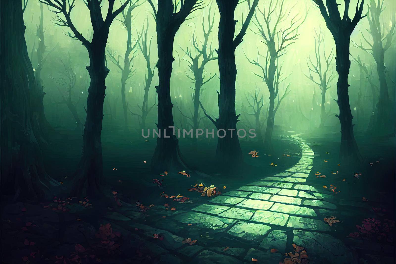 Haunted forest creepy landscape illustration. Fantasy Halloween forest background. Cartoon style. Surreal mysterious atmospheric woods design backdrop. 3D illustration.