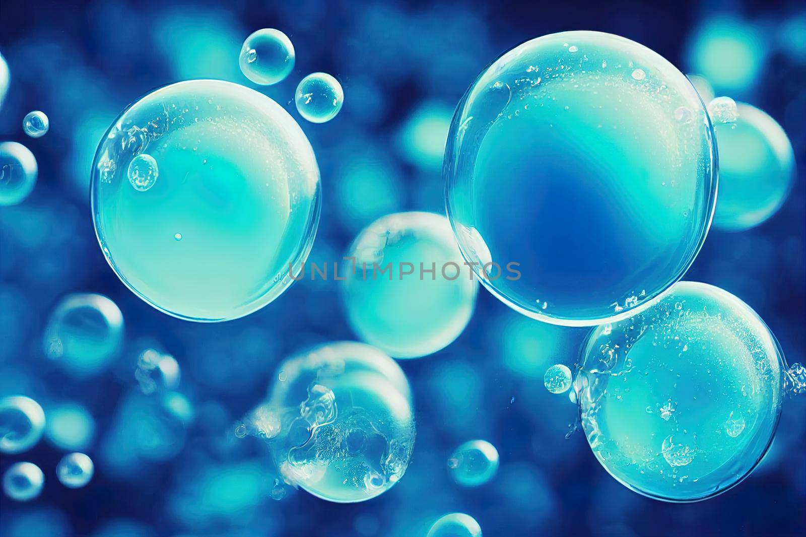 Effervescent fizz and clean cosmetics hygiene or rejuvenate renewable energy. Studio shot of transparent cosmetic blue gas bubbles under water in full frame macro close up with selective focus blur.