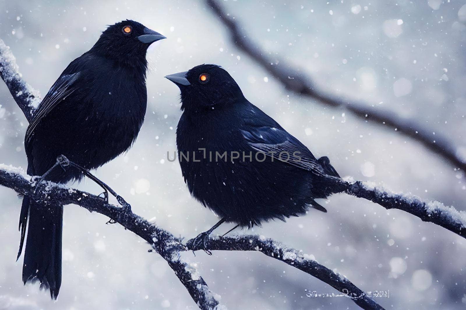 Eurasian Blackbird on bush with snow in winter, the High quality 2d illustration. by 2ragon