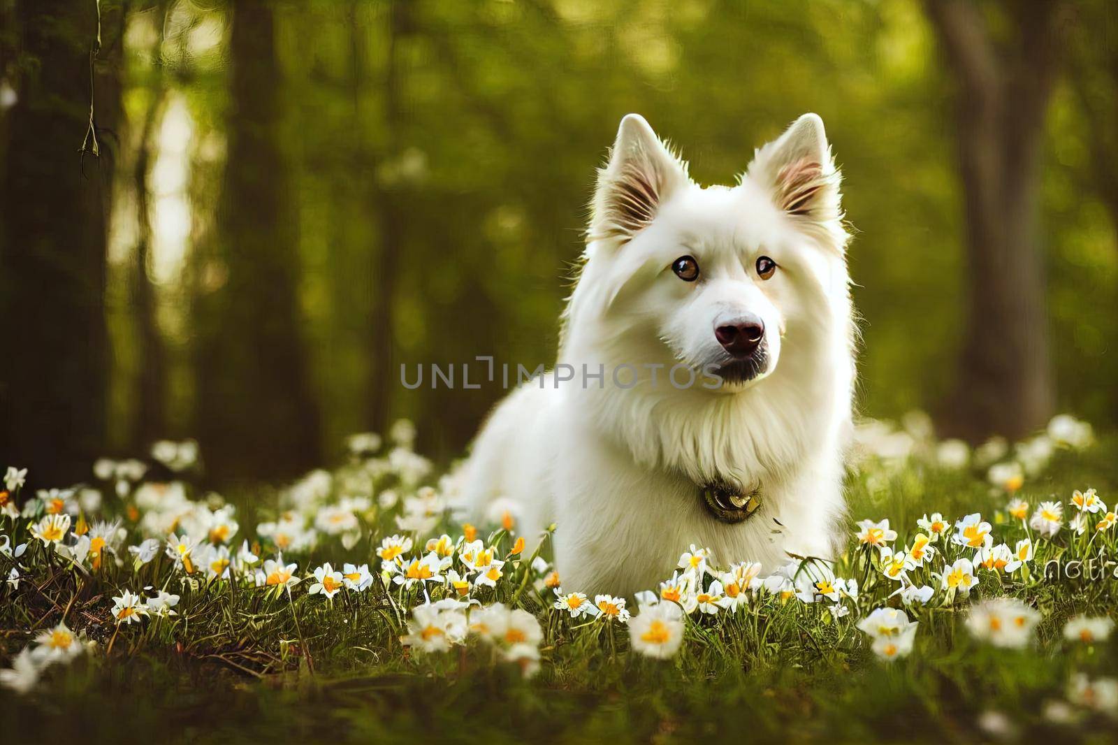 Adorable white dog sitting among beautiful blooming wood anemones in spring forest. Portrait of cute swiss shepherd young dog in spring woods. Hiking with pet