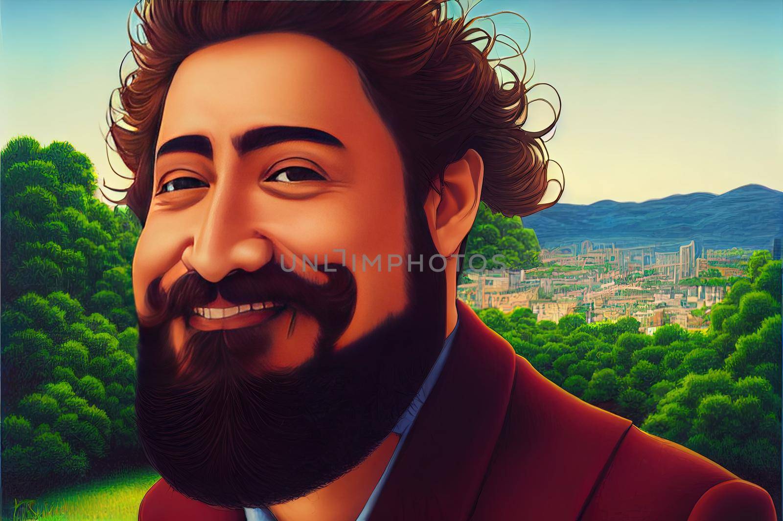 Handsome hispanic man with beard smiling happy outdoors High quality 2d illustration. by 2ragon