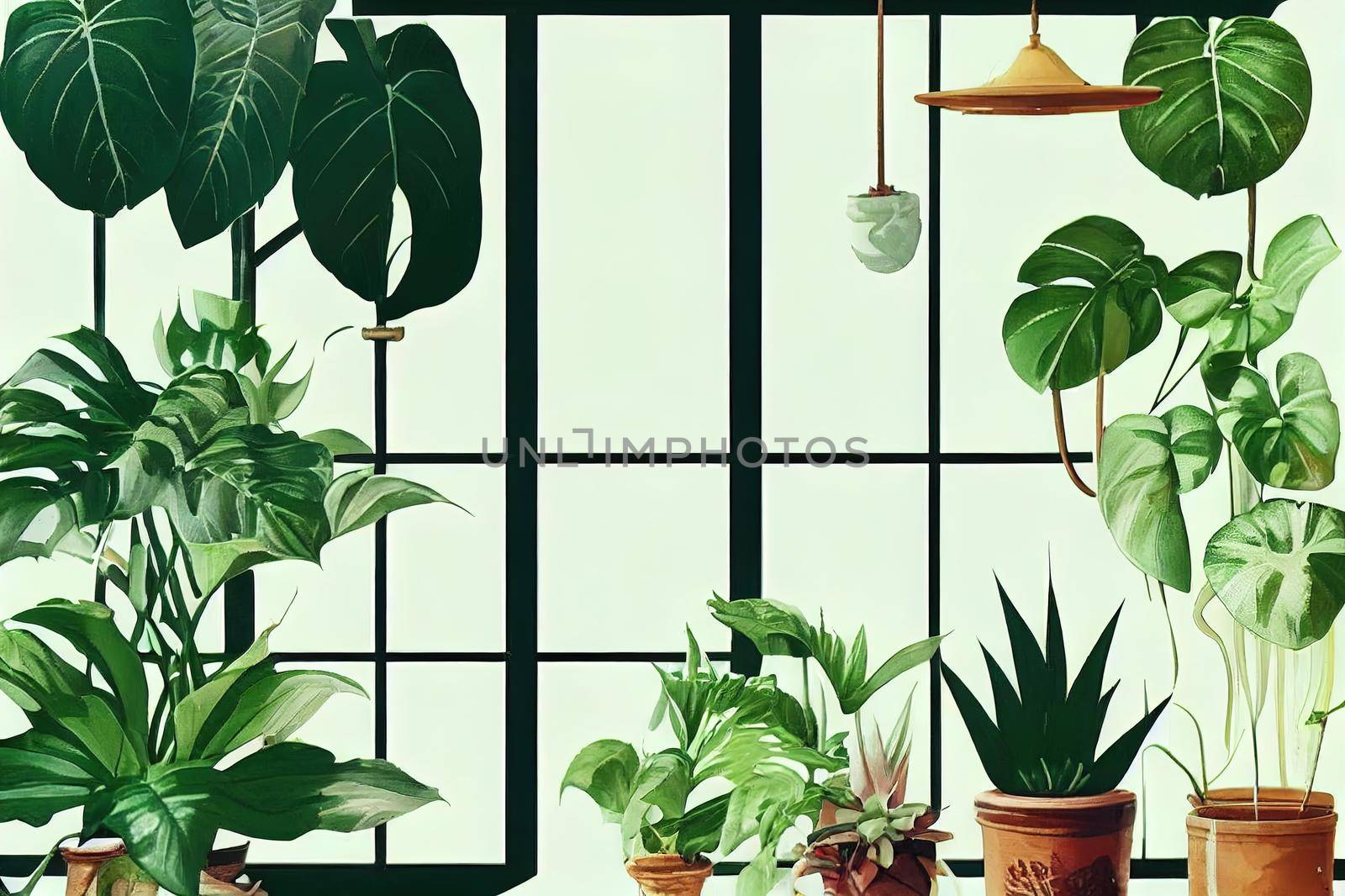 Home garden in retro style. Scandinavian interior design of winter indoor garden with houseplants. Old house orangery with potted tropic flowers, monstera, ceramic pots in boho. Greenhouse concept