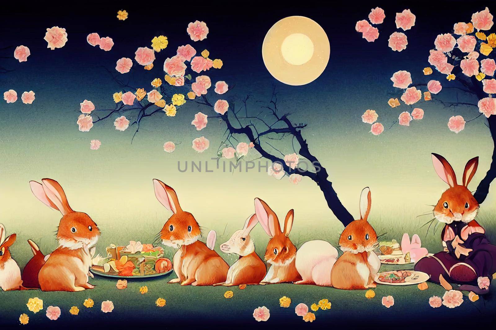 Cute rabbits picnicking under the romantic moonlight with falling High quality 2d illustration. by 2ragon