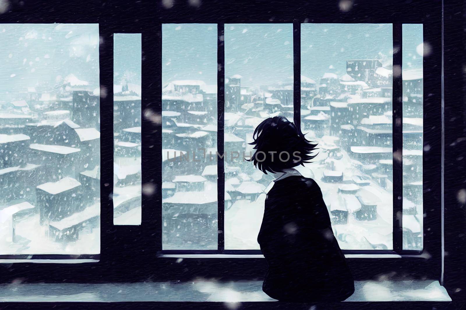 A woman looks out of the window at the High quality 2d illustration. by 2ragon