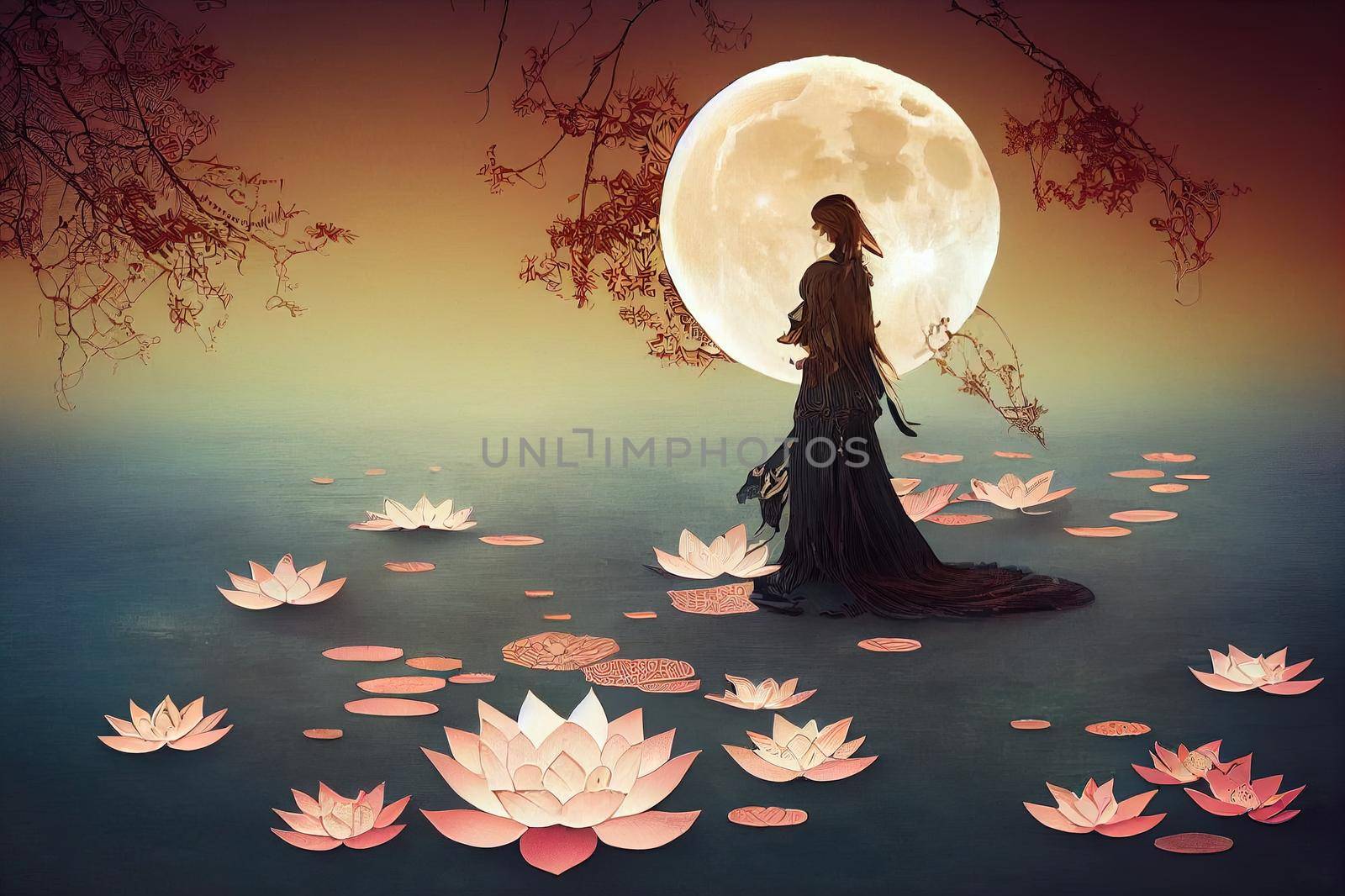 Papercut style lovely moon in the middle of lotus High quality 2d illustration. by 2ragon