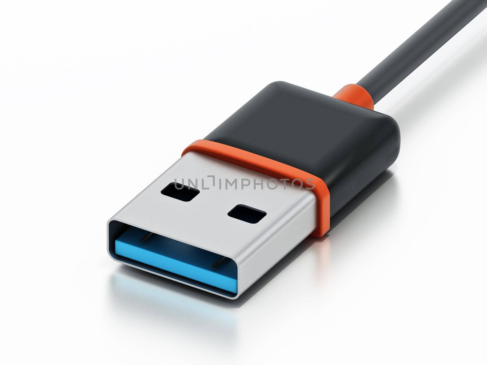 USB cable and plug isolated on white background. 3D illustration by Simsek