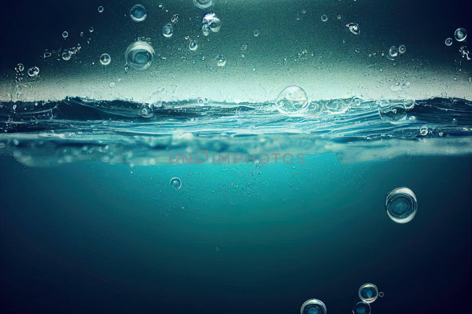 Blurred desaturated transparent clear calm water surface texture with splashes and bubbles. Trendy abstract nature background. White grey water waves in sunlight.