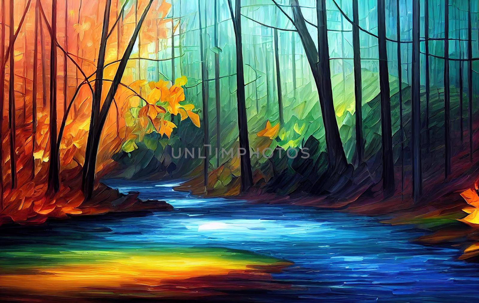 A forest stream in a dark forest. In deep forest. Forest scene. Forest stream flow