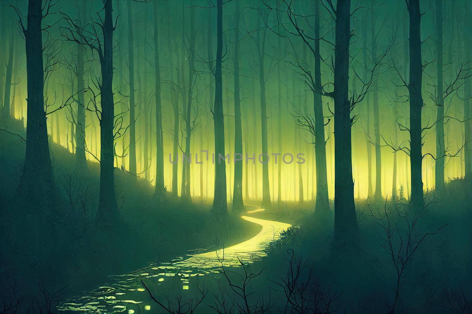 Realistic haunted forest creepy landscape at night. Fantasy Halloween by 2ragon