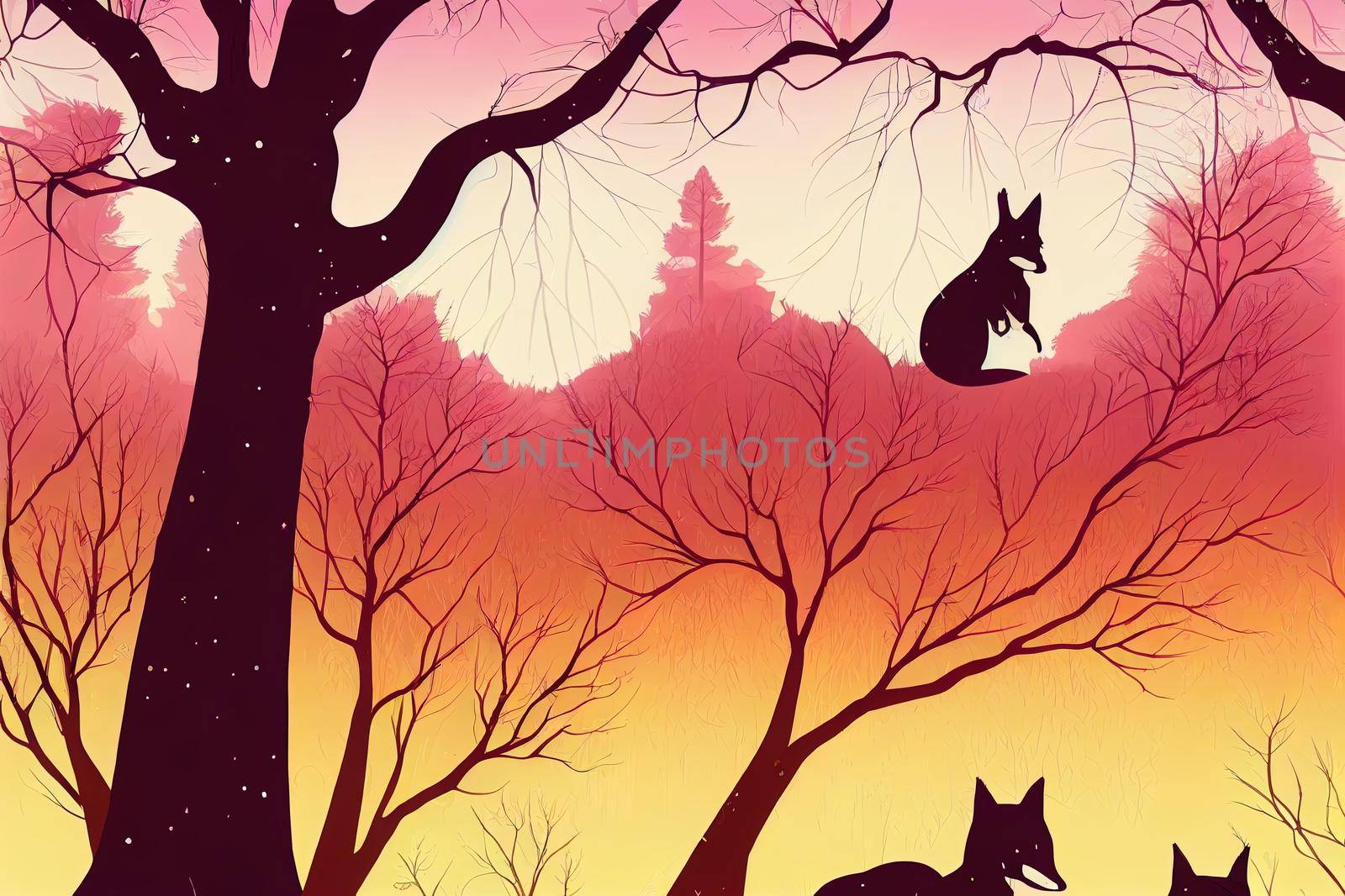 Horizontal banner of forest landscape. Fox and squirrel in magic misty forest. Silhouettes of trees and animals. Pink, orange, violet background, illustration. Bookmark.