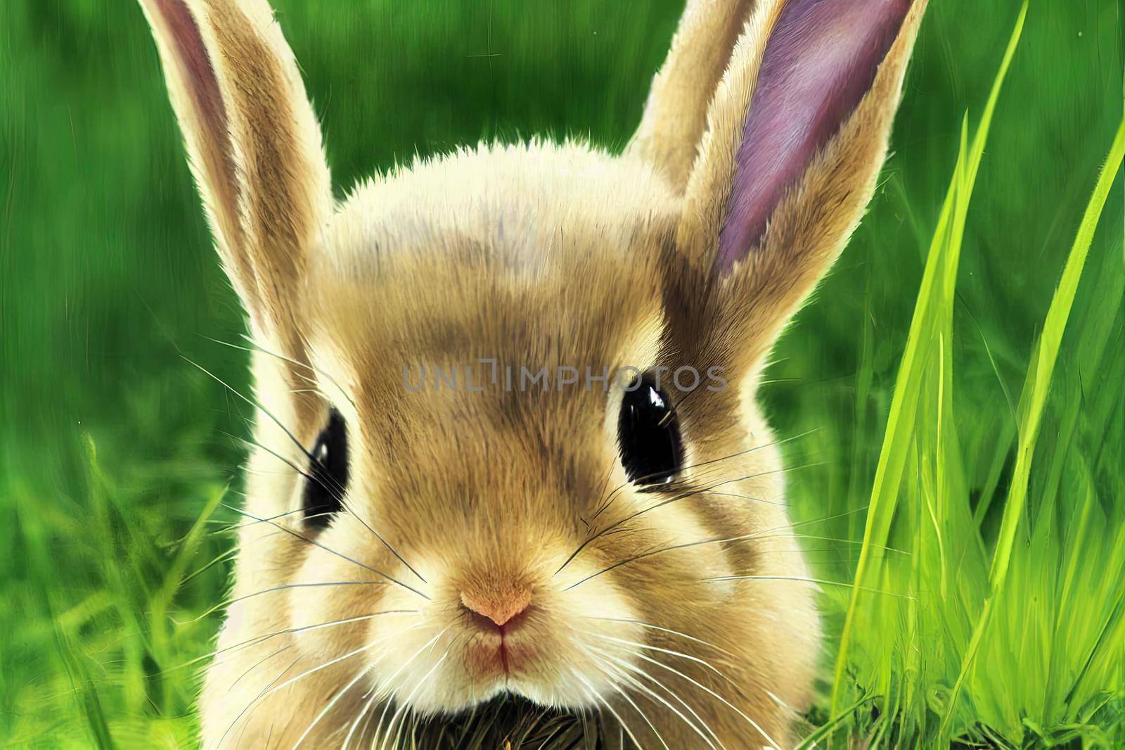 Close up image of a baby rabbit eating grass. The rabbit has big ears and long whiskers.