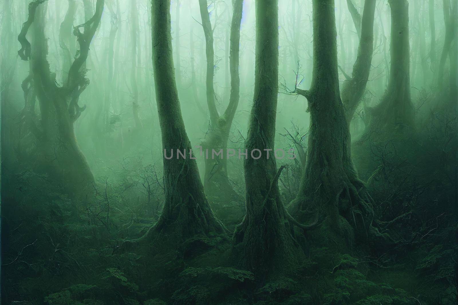 A moody, ethereal lush woodland forest with a bent by 2ragon