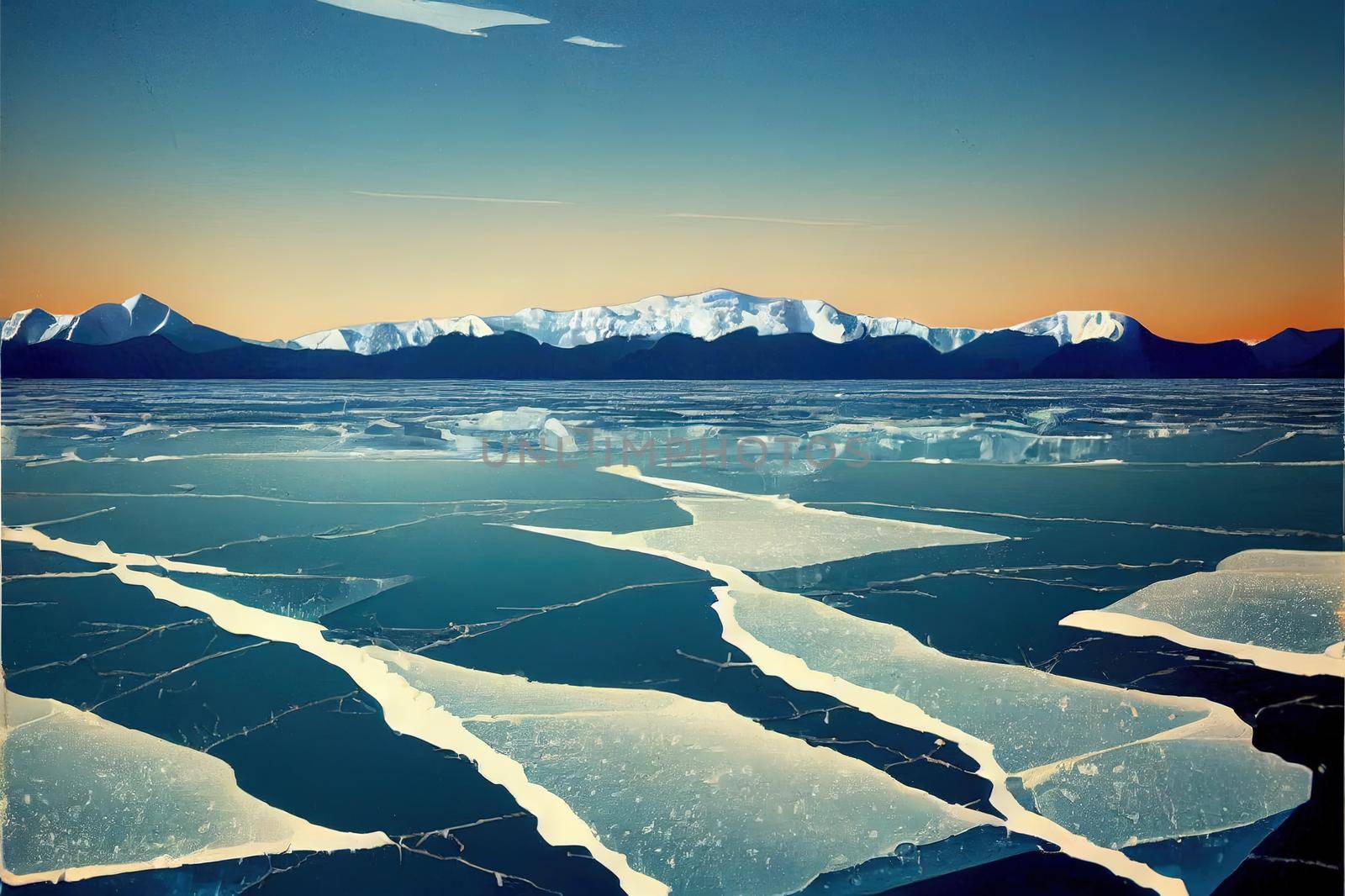 Winter landscape of frozen lake Baikal on a sunny High quality 2d illustration. by 2ragon