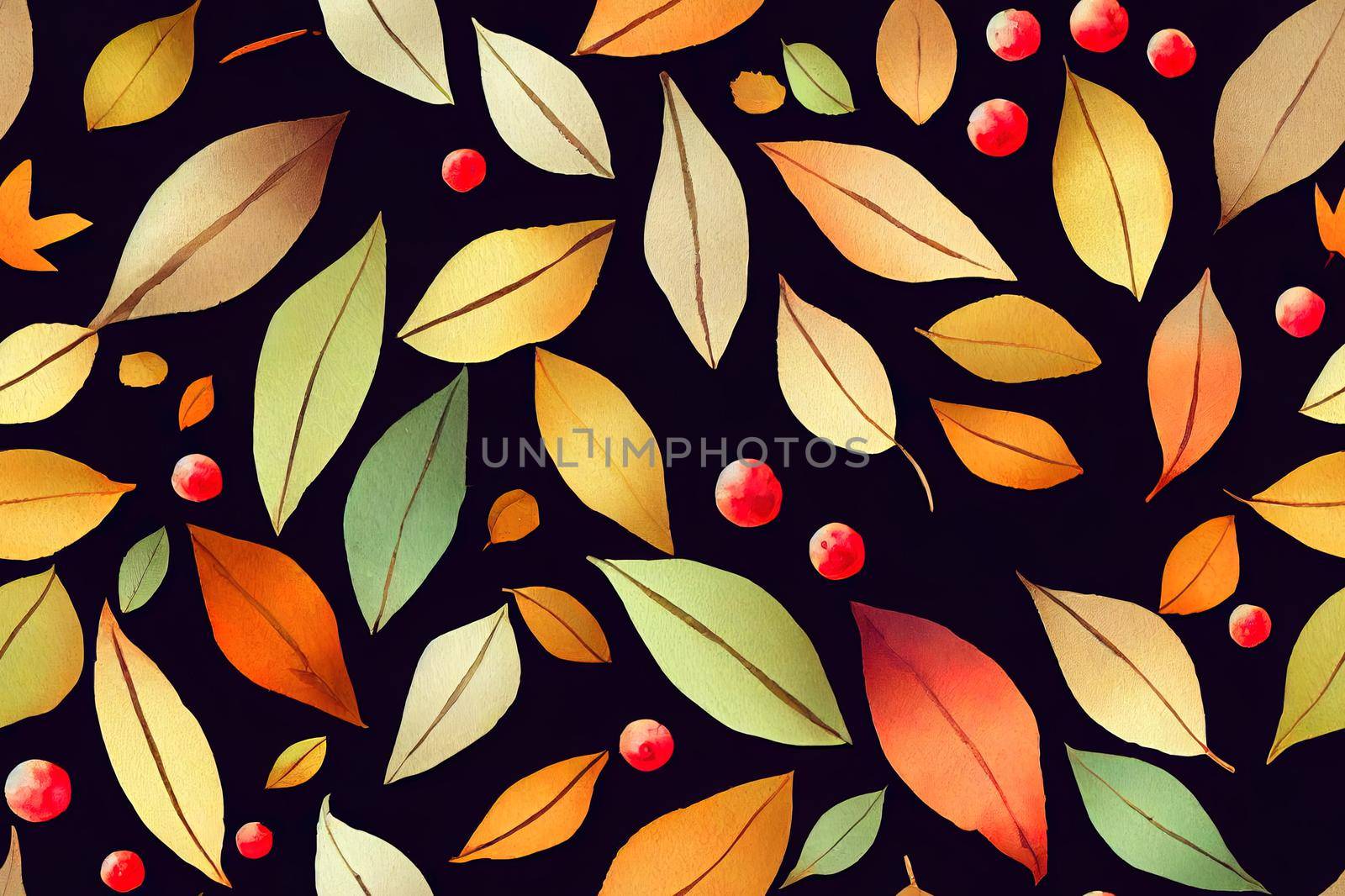 Watercolor autumn leaves and berries Seamless pattern for packaging High quality 2d illustration. by 2ragon