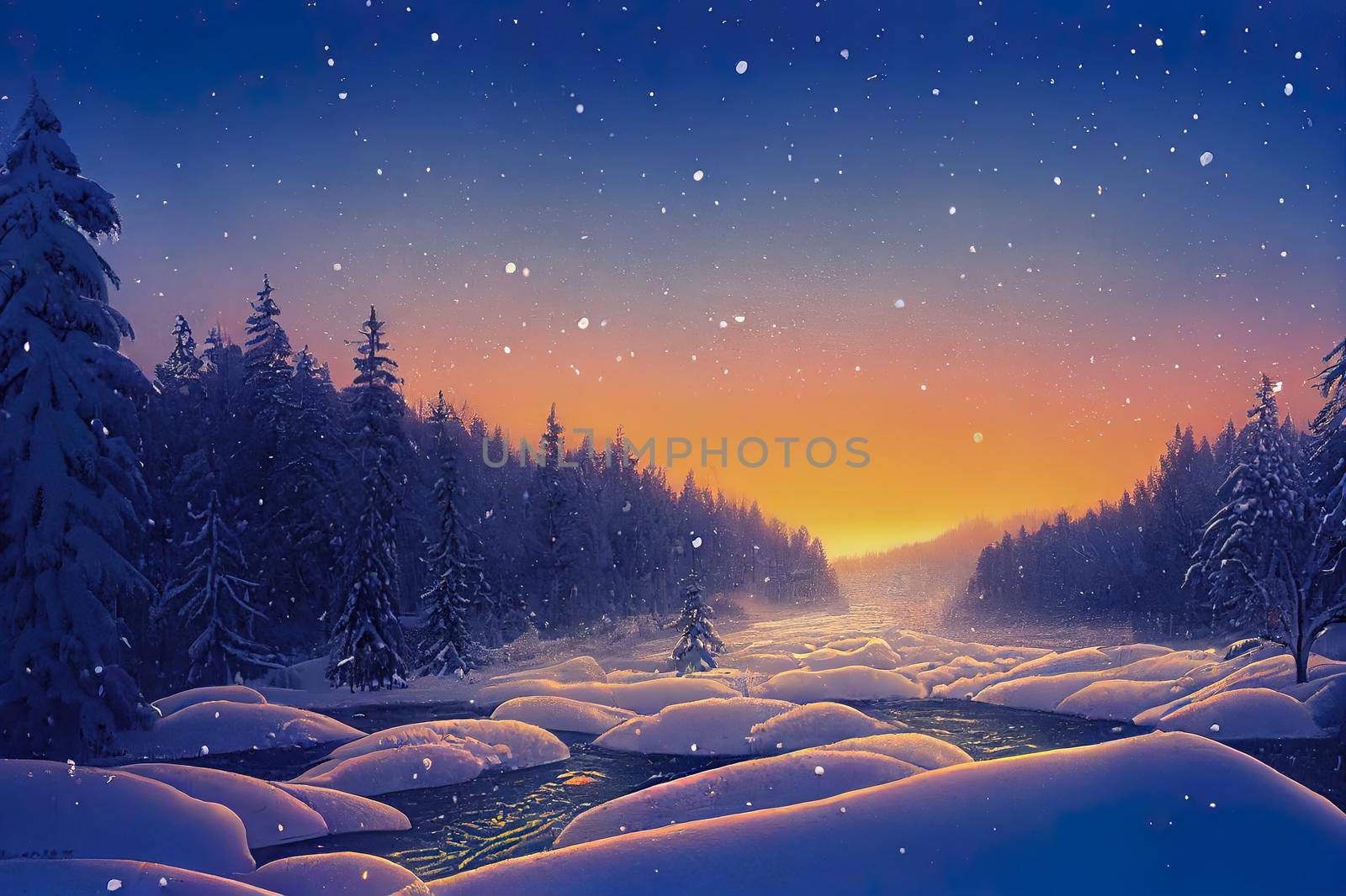 Winter dawn over the forest river. Snowy forest river at winter dawn. Foggy sunrise over winter snow river. Winter snow morning at dawn