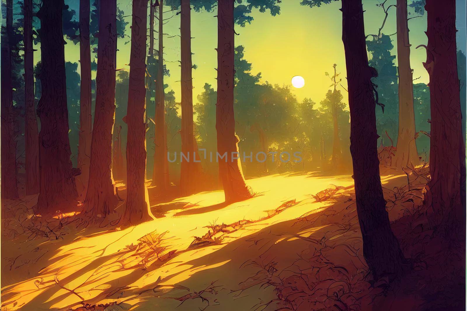 bright sunset in the woods, nature forest background