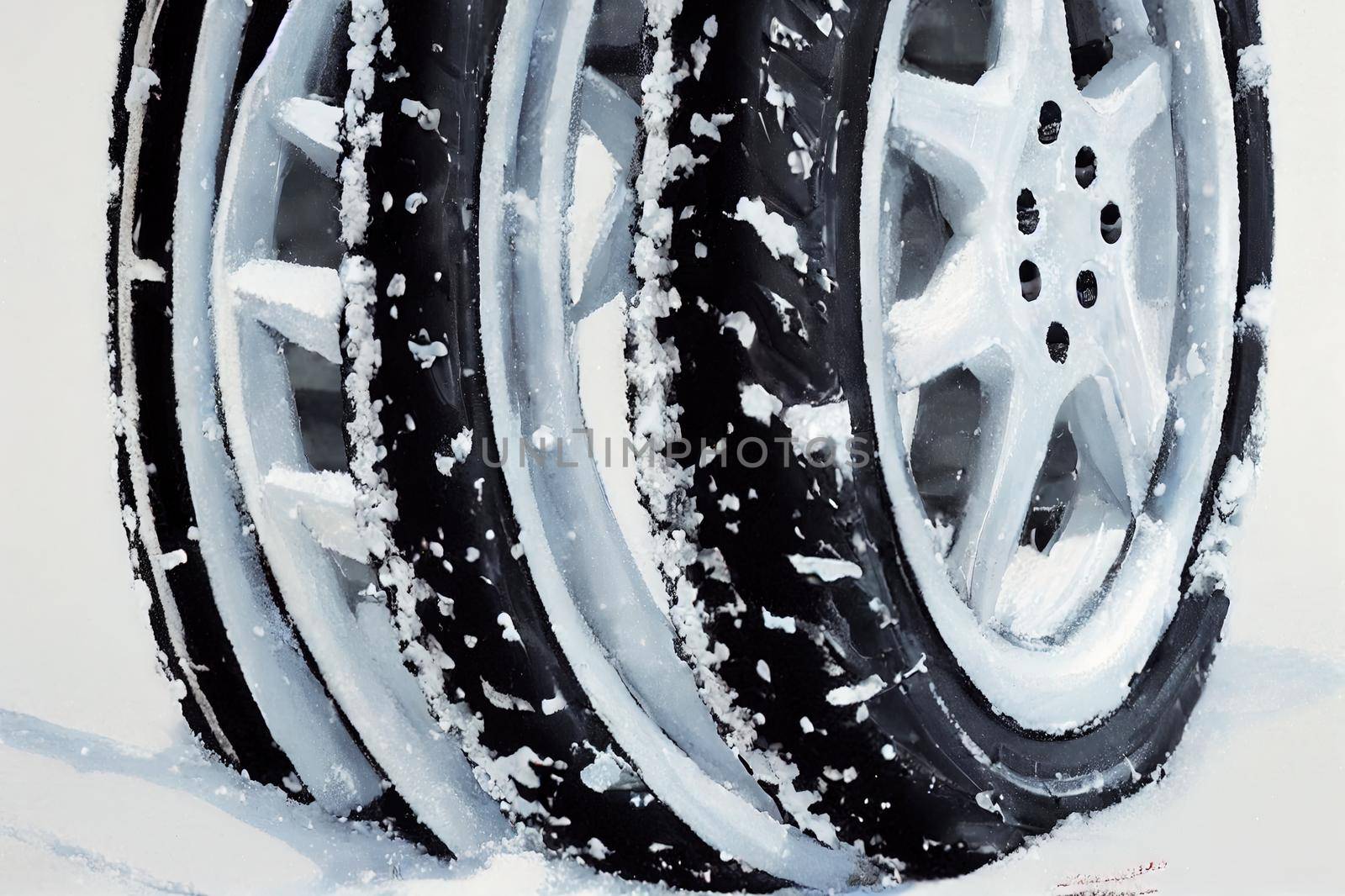 Tire in winter on snow road. Tires on snow. Car detail.