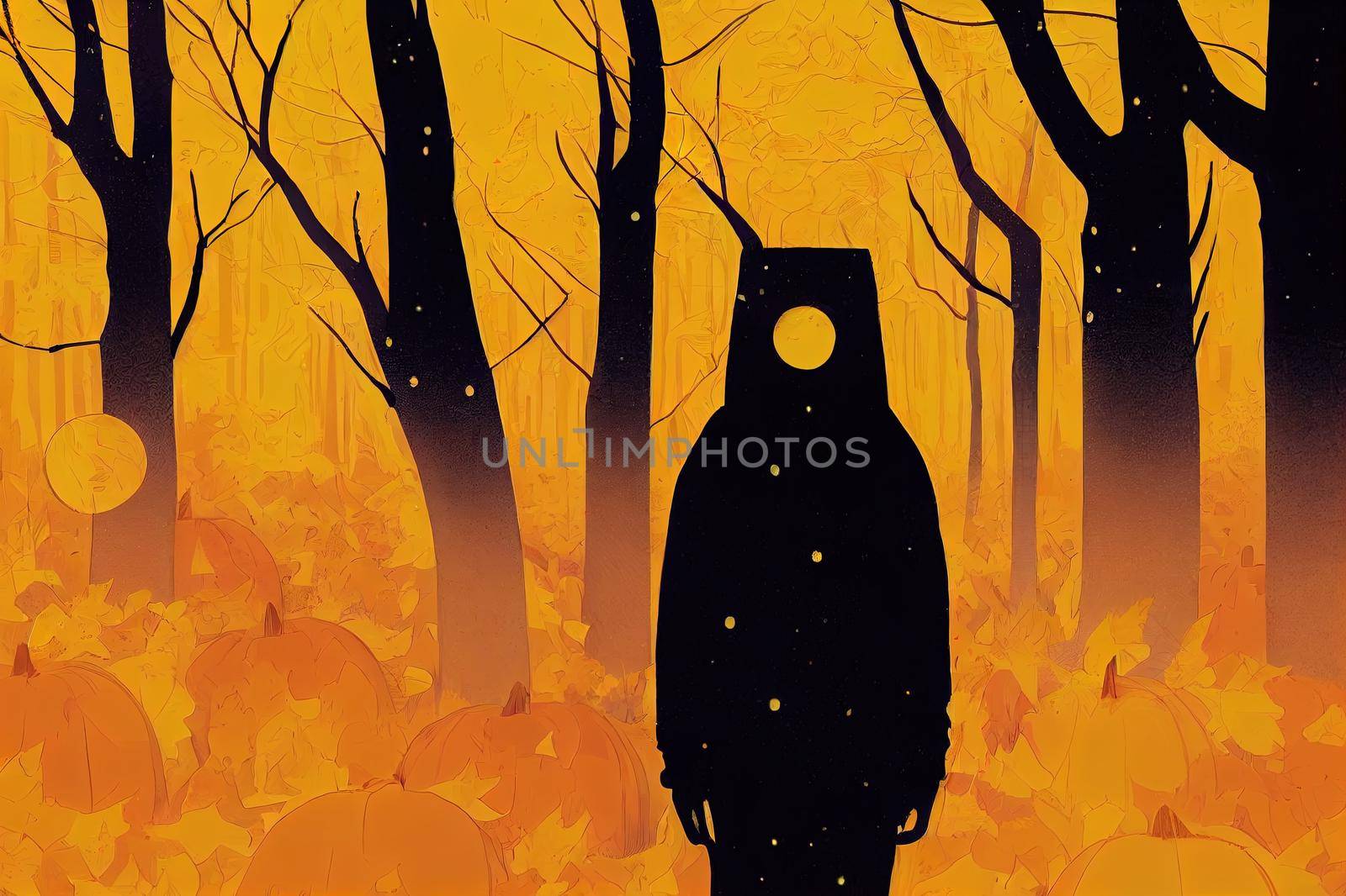 The astronaut in the middle of the autumn forest and looking at the strange light in his hand digital art style illustration painting