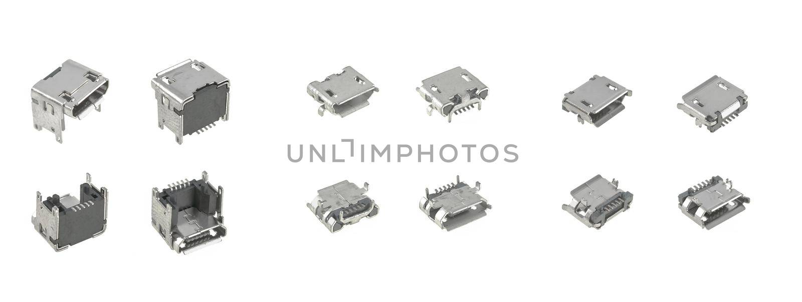 Micro-USB connectors, view from four sides, on a white background, collage