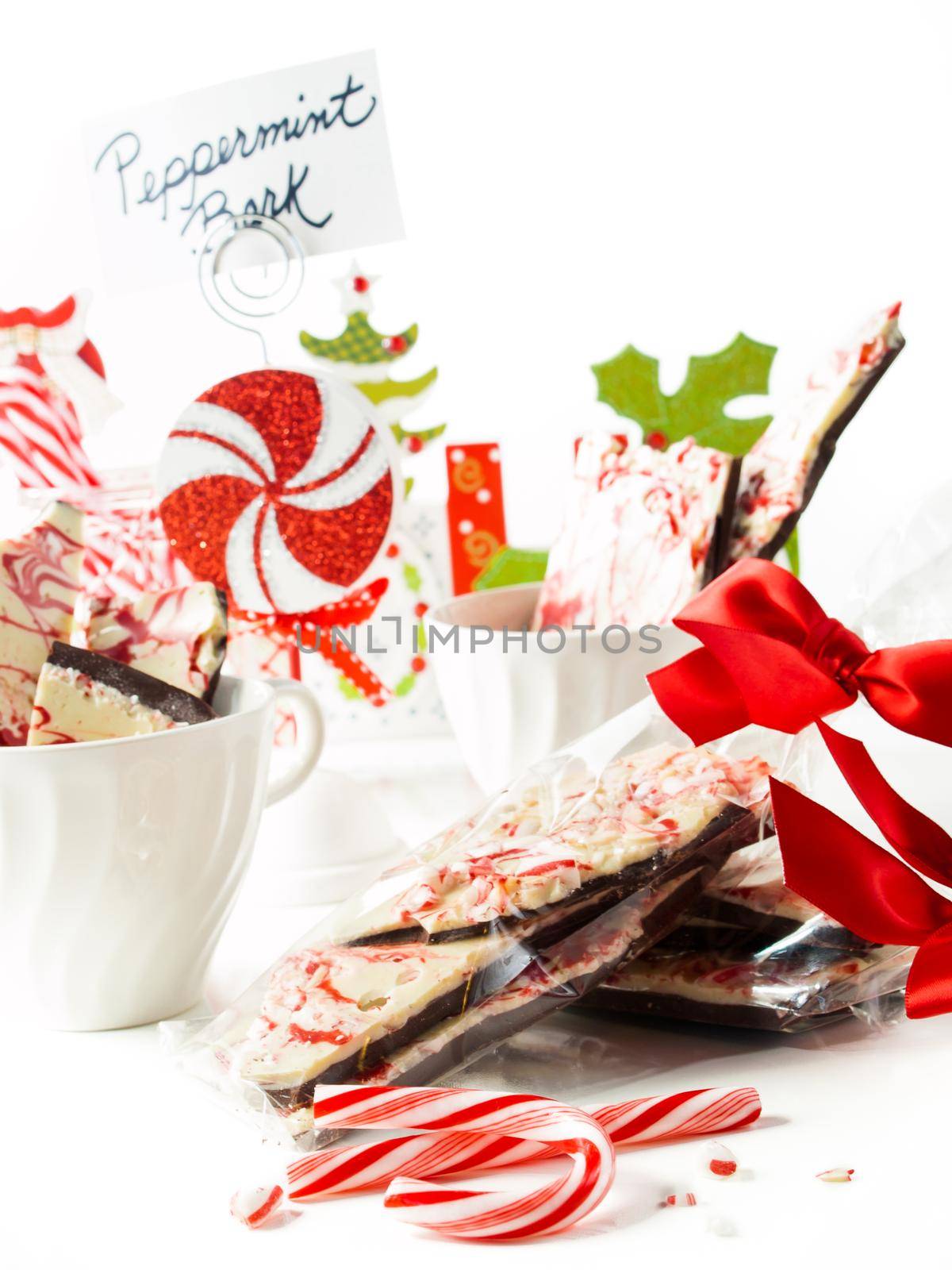 Traditional Christmas Chocolate Peppermint Bark sprinkled with peppermint candies.