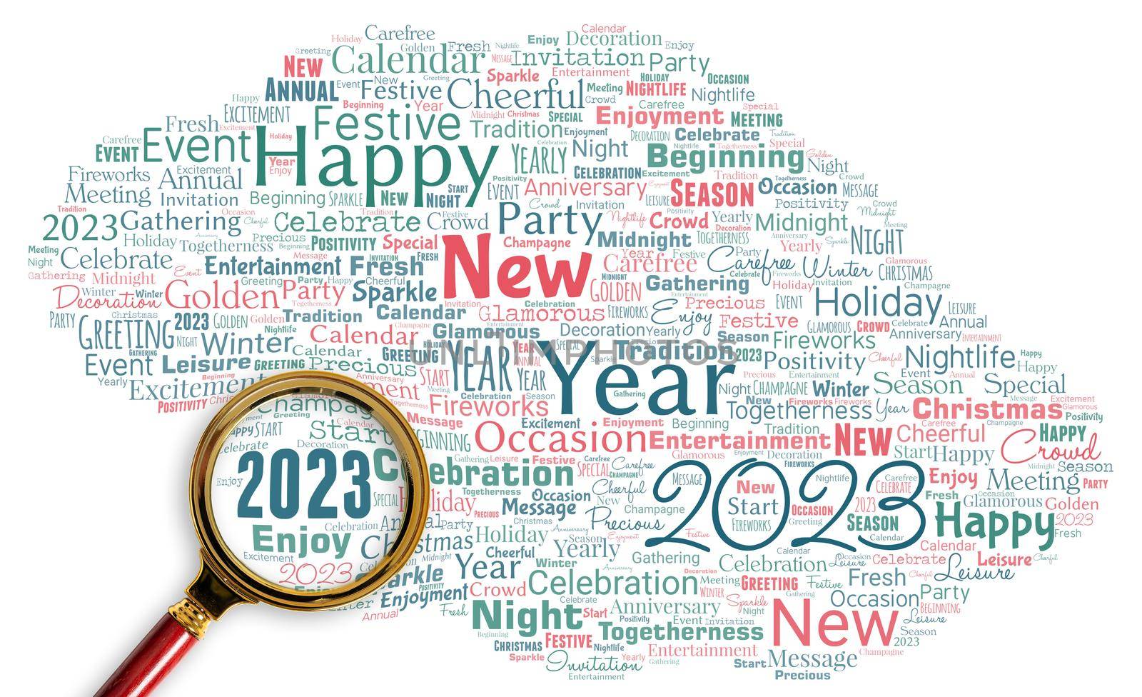 Big word cloud with new year 2023 words with magnifying glass. New Year Celebration Motivation to Start Cheers Congratulations. by nialowwa