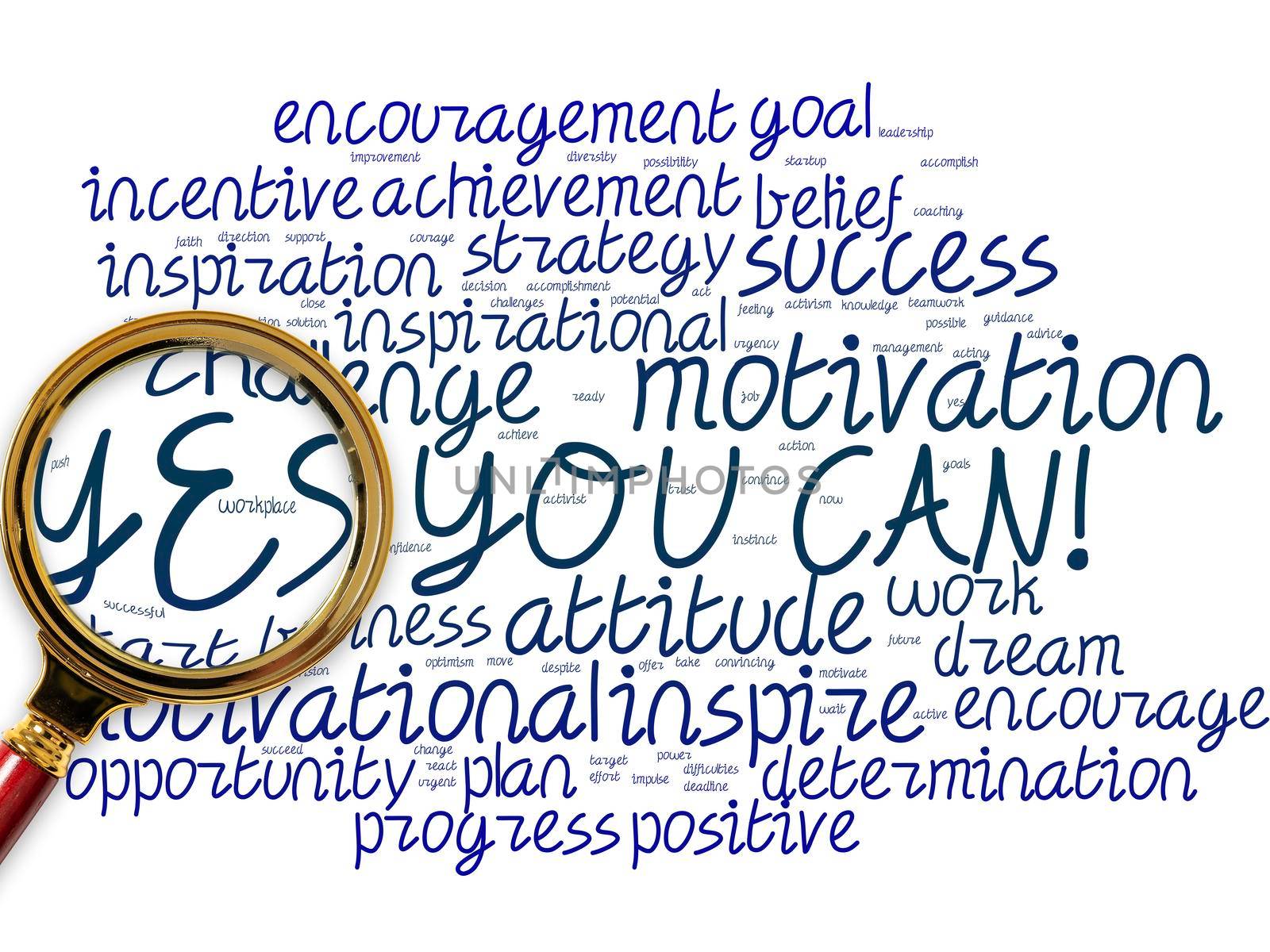 Big word cloud with yes you can words with magnifying glass. Positivity Encouragement Persuade Dare Confidence Uphold by nialowwa